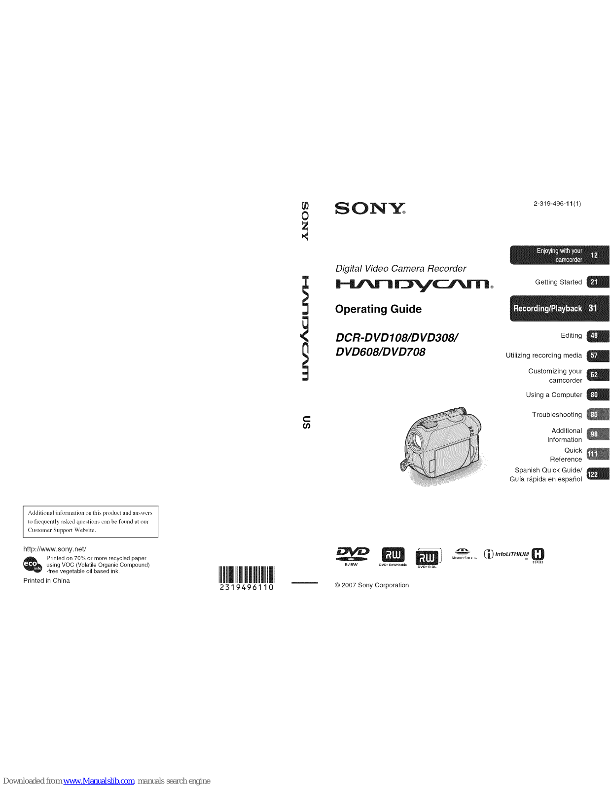 Sony Handycam DCR-DVD608, Handycam DCR-DVD708, Handycam DCR-DVD108, Handycam DCR-DVD308 Operating Manual - ManualMachine.com