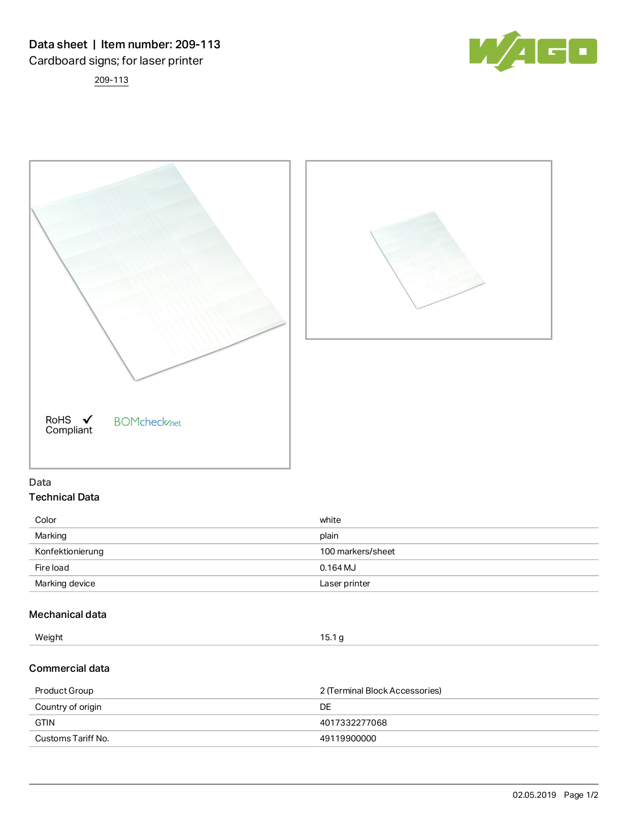 Wago 209-113 Data Sheet