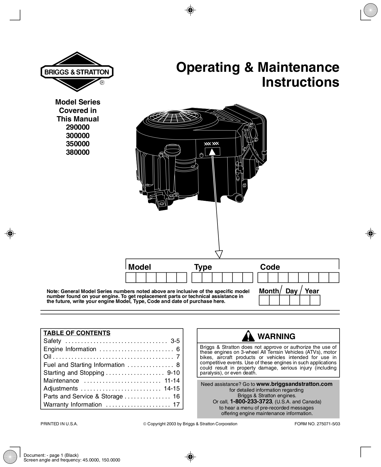 Briggs & Stratton 290000, 380000, 350000, 290000 Series, 380000 Series Operating & Maintenance Instructions