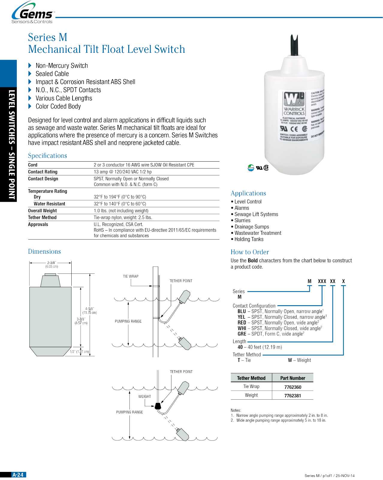 Warrick a Brand of Gems Sensors Series M Catalog Page