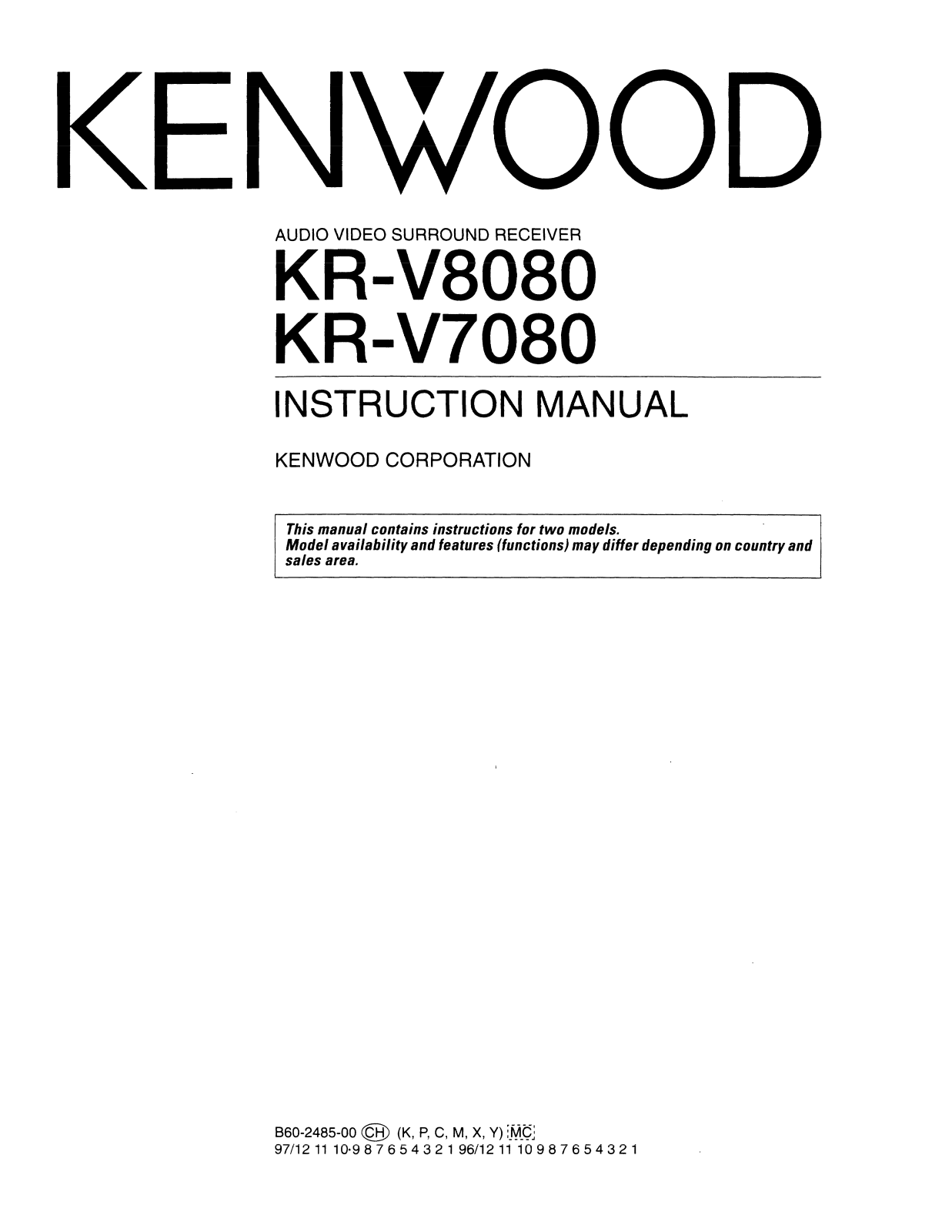 Kenwood KR-V7080, KR-V8080 Owner's Manual