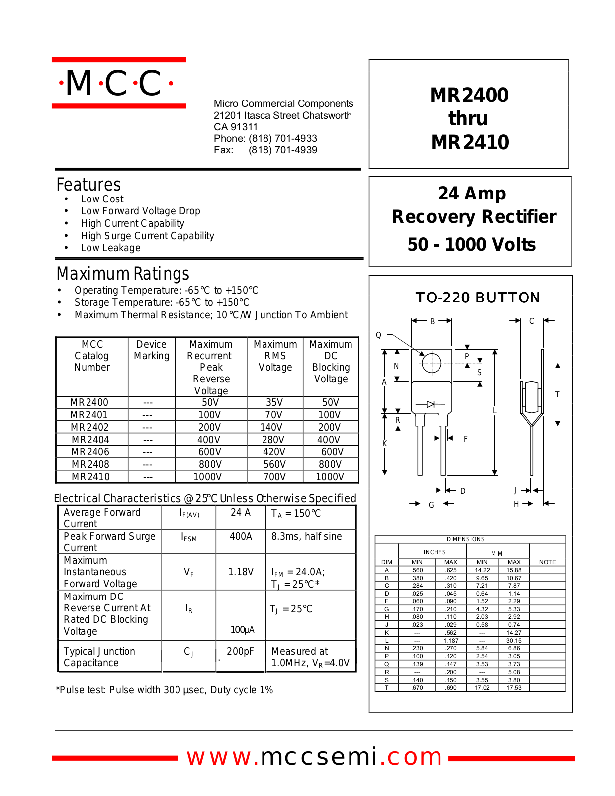 MCC MR2406, MR2408, MR2410, MR2404, MR2400 Datasheet