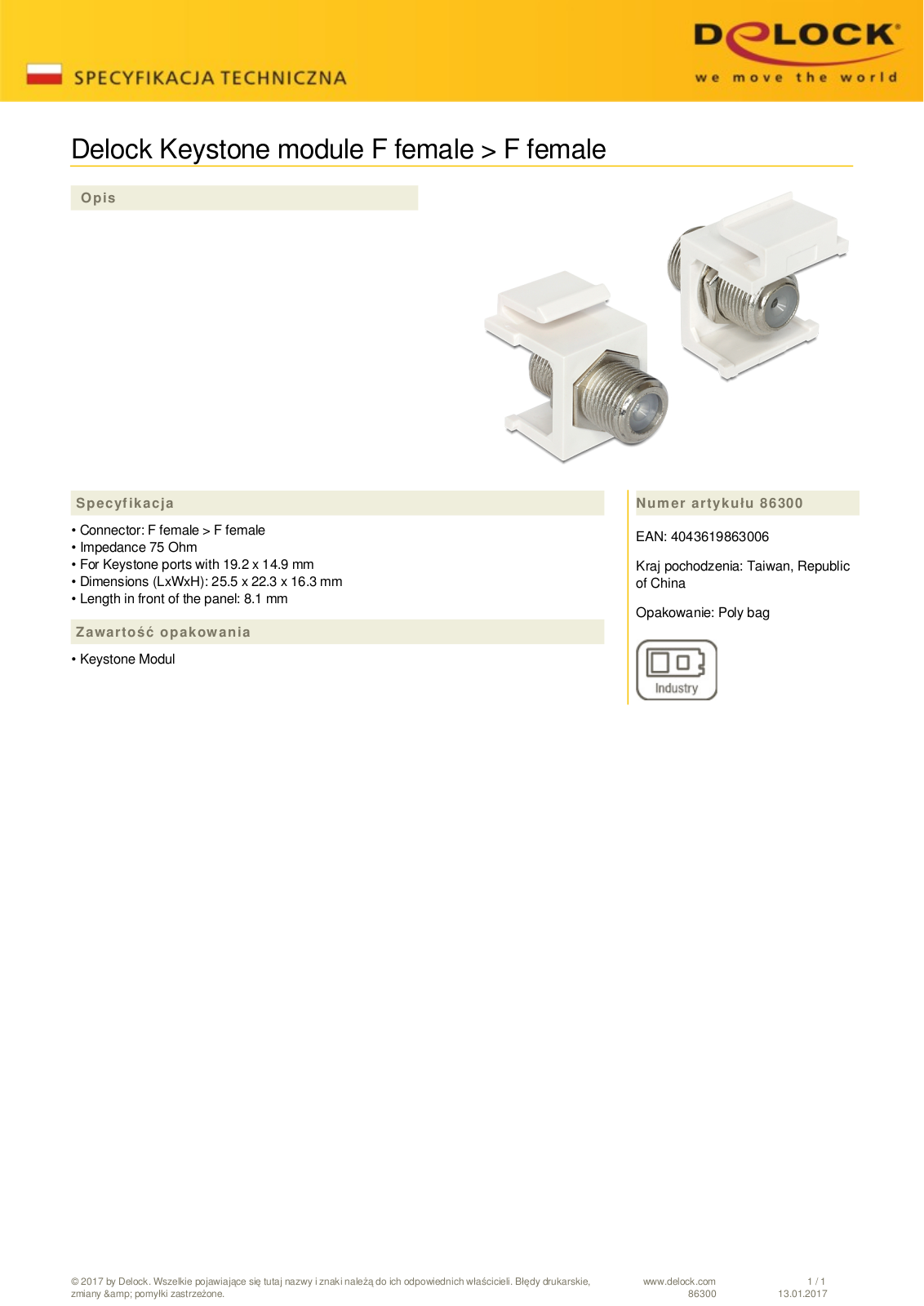 DeLOCK Keystone module F socket via F socket, white User Manual