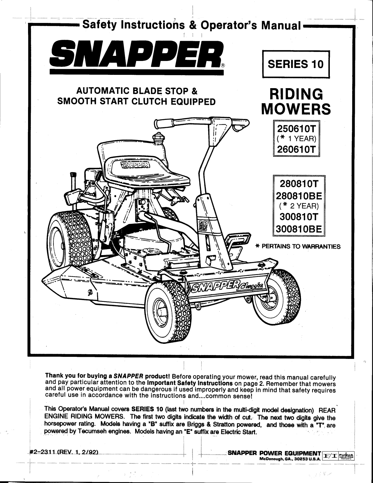 Snapper 260610T User Manual