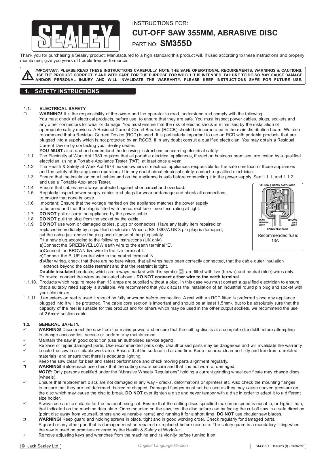 Sealey SM355D Instructions For Use Manual