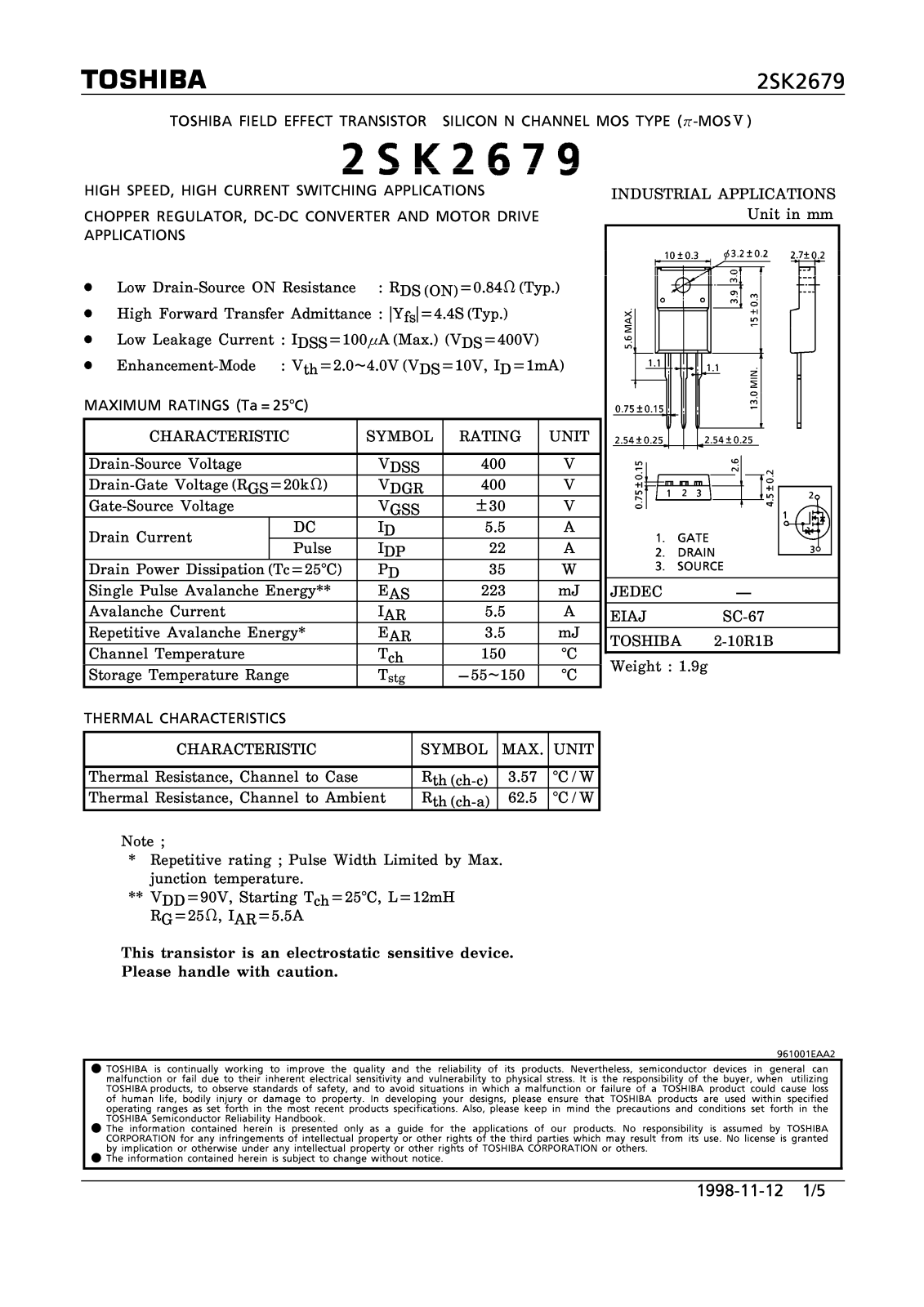 Toshiba 2SK2679 Datasheet