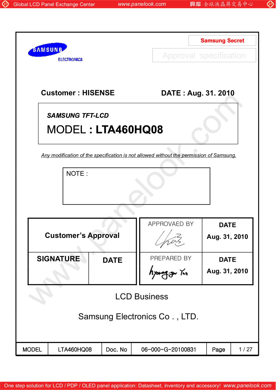 SAMSUNG LTA460HQ08 Specification