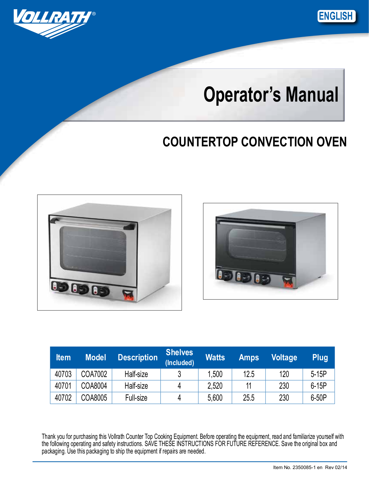 Vollrath Cayenne Convection Ovens Operator Manual