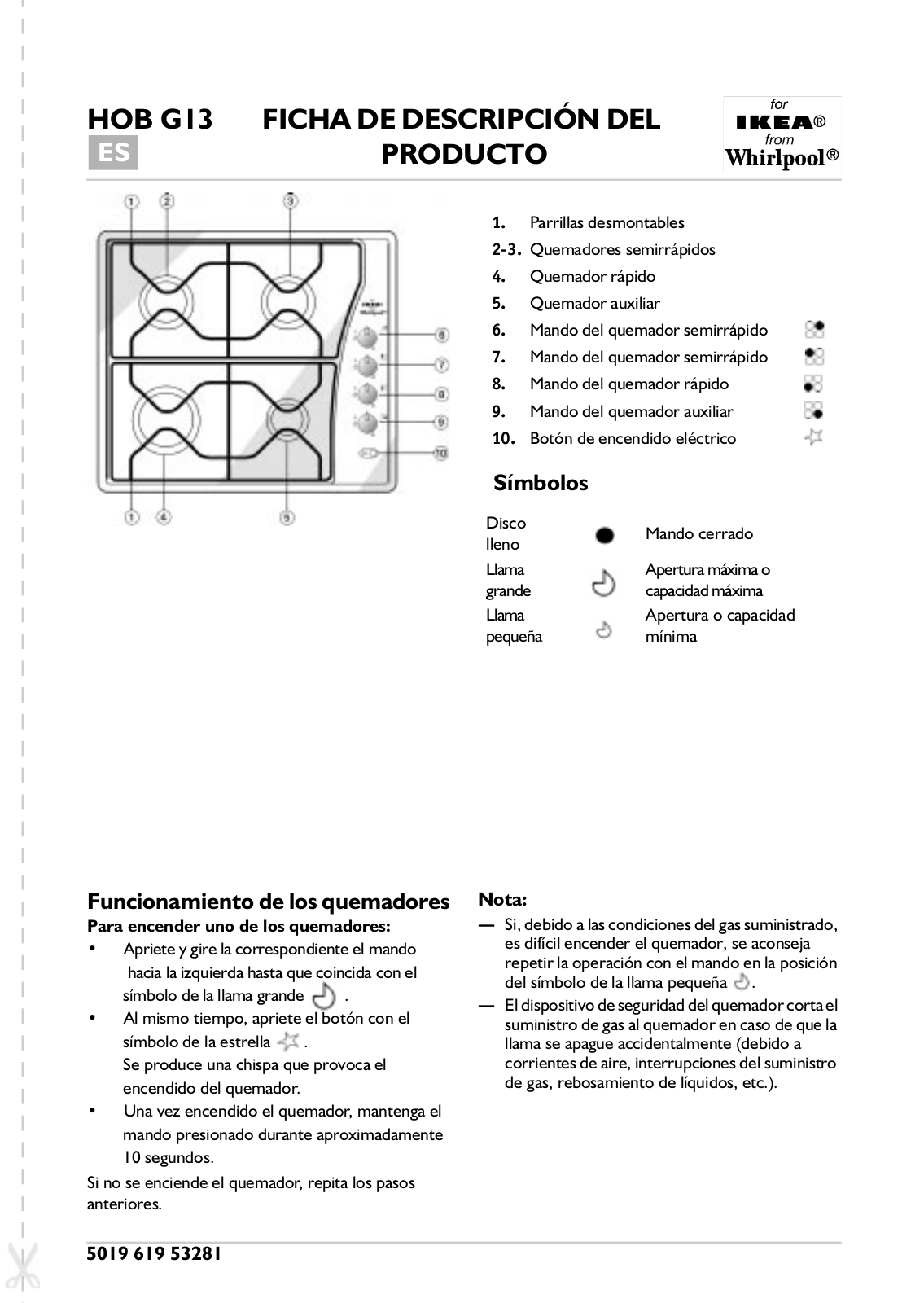 Whirlpool HOB G13 S, HOB G13 W INSTRUCTION FOR USE