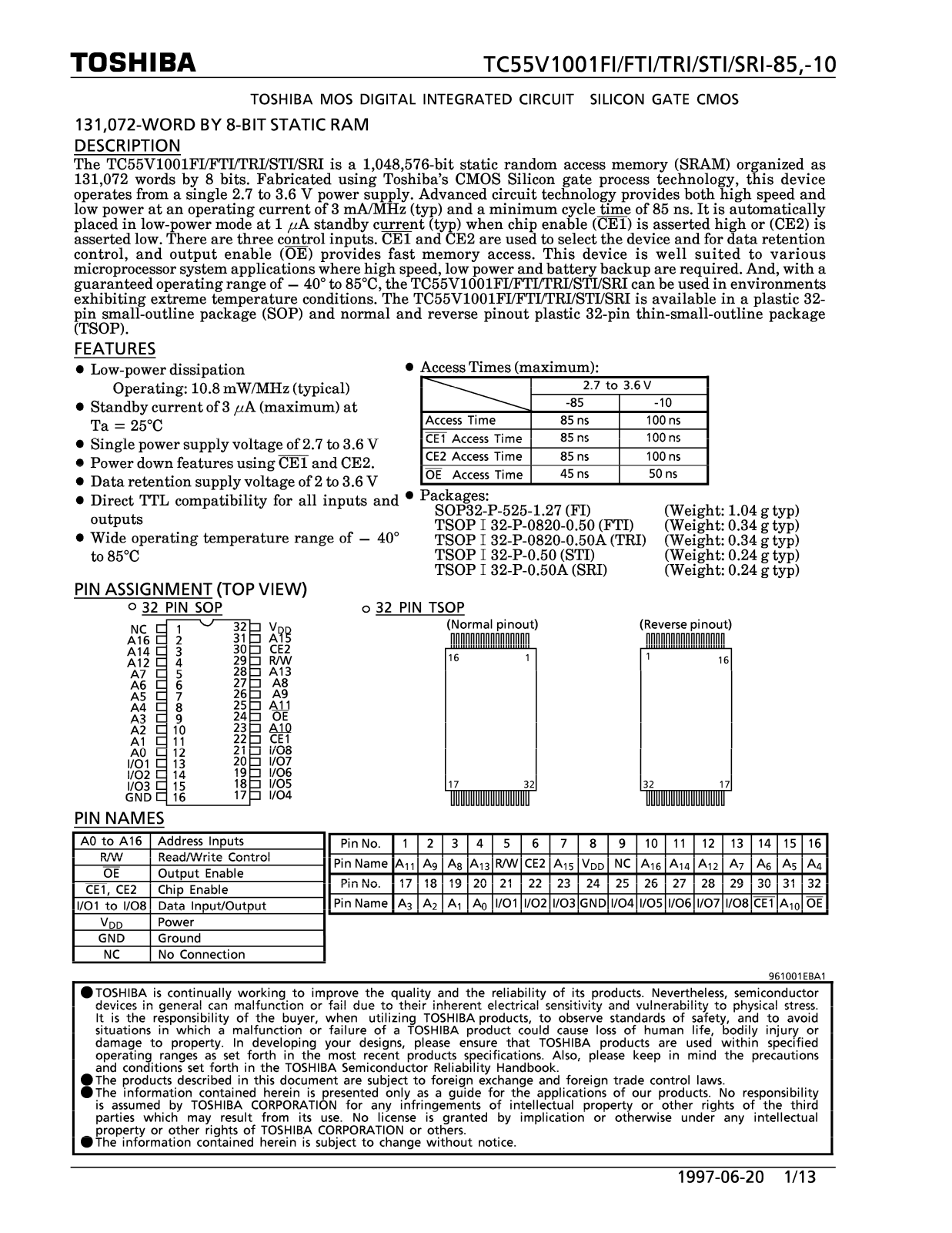 Toshiba TC55V1001FI-85 Datasheet