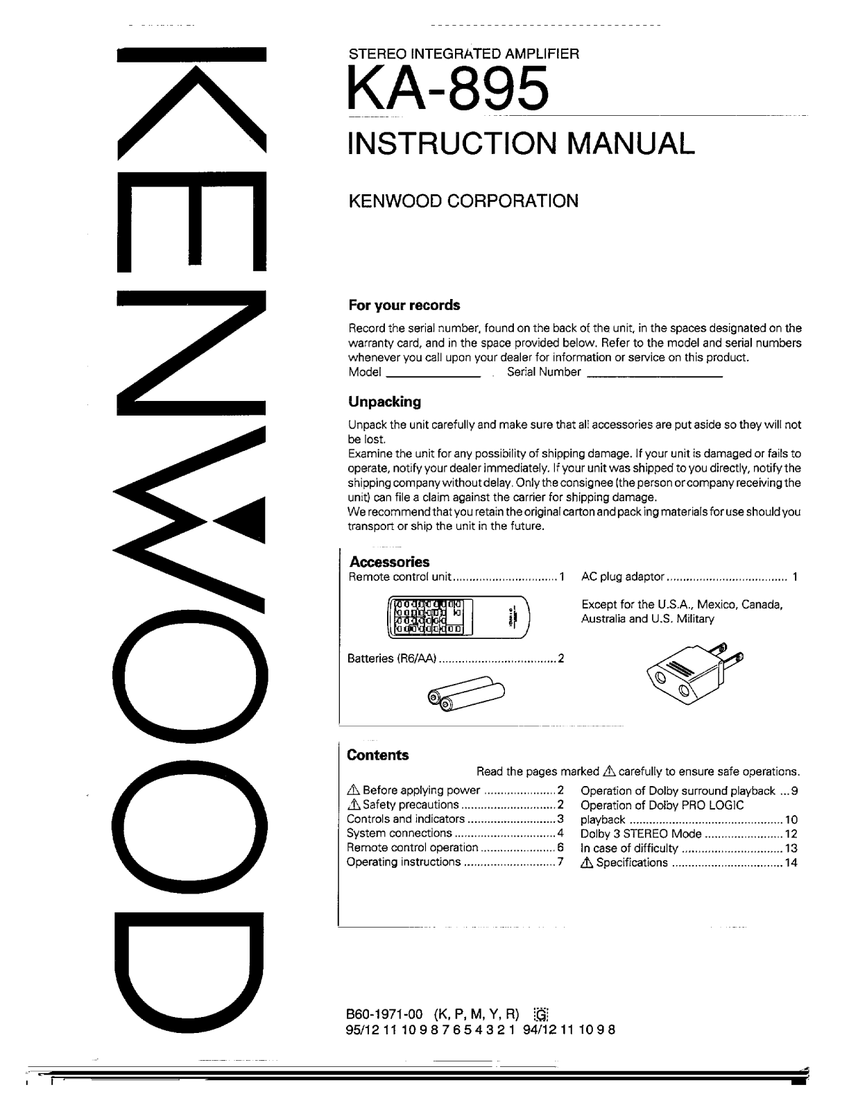 Kenwood KA-895 Owner's Manual
