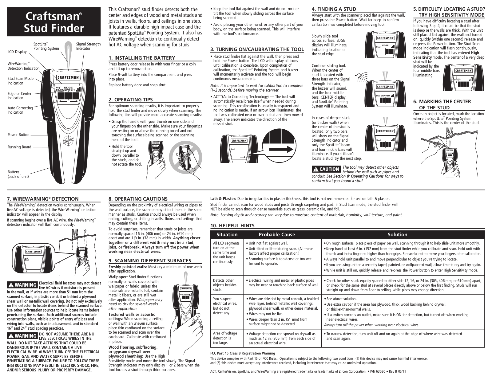 Craftsman SSI65 Stud Finder Owner's Manual