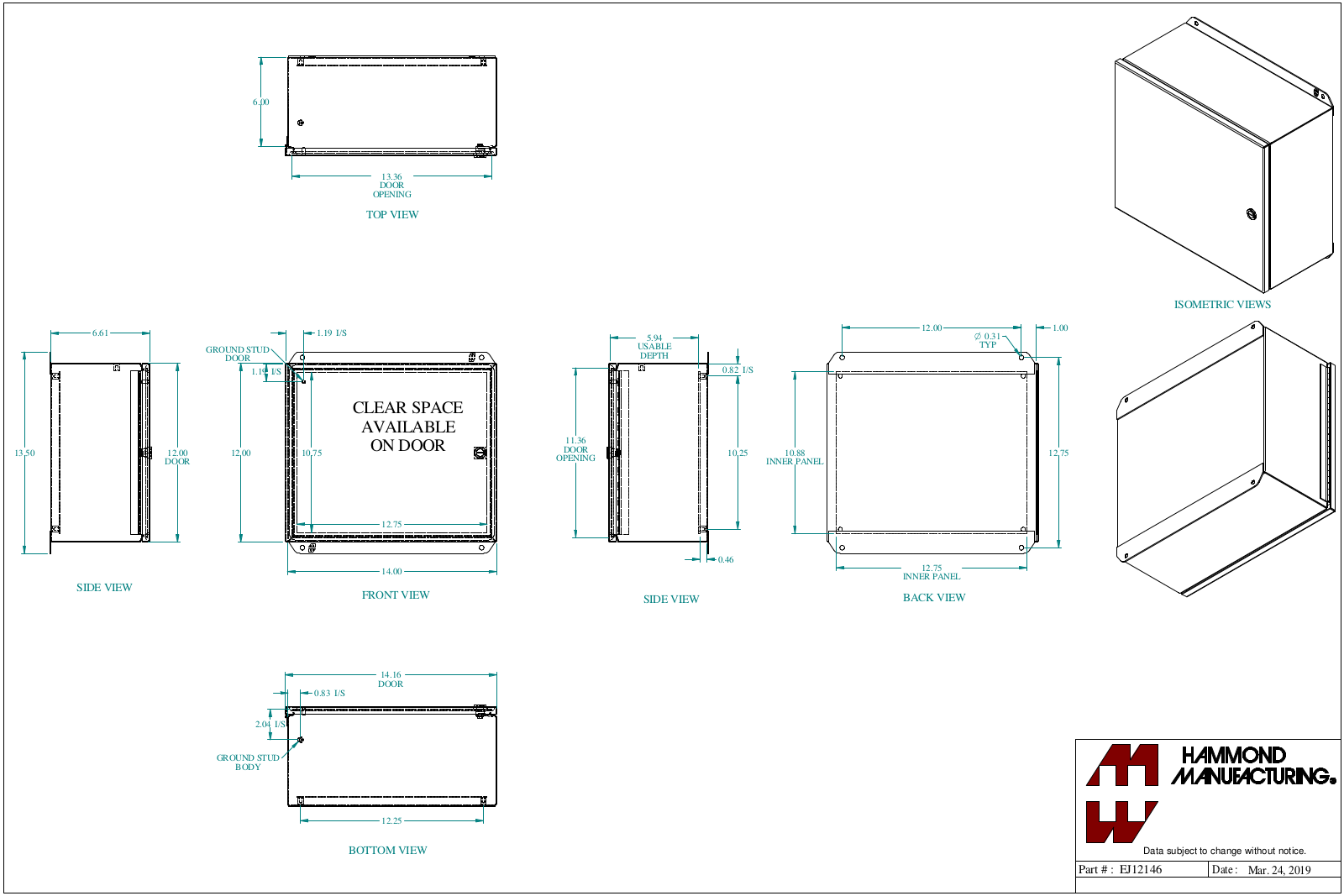 Hammond Manufacturing EJ12146 technical drawings