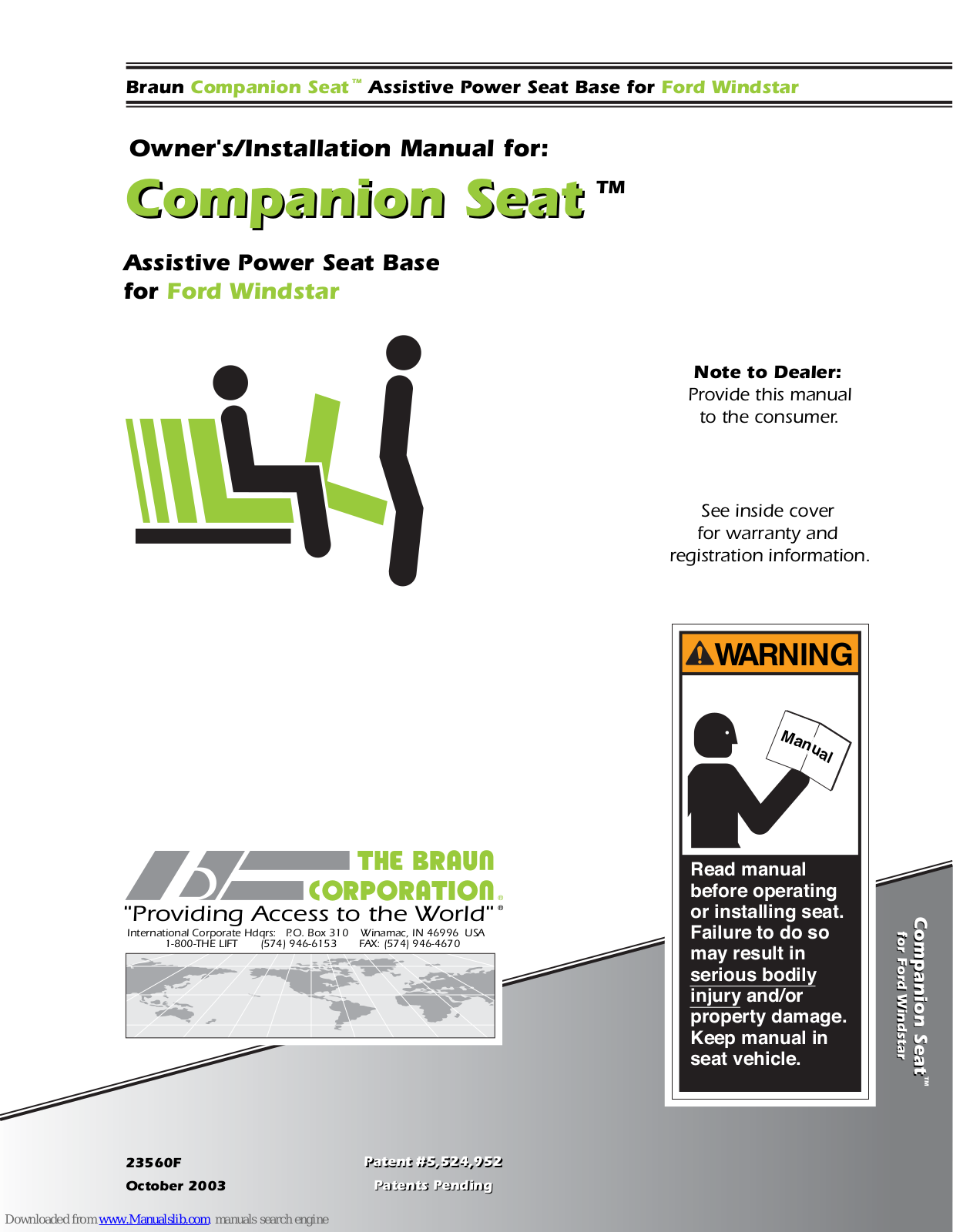 Braun Windstar, Companion Seat Owners & Installation Manual