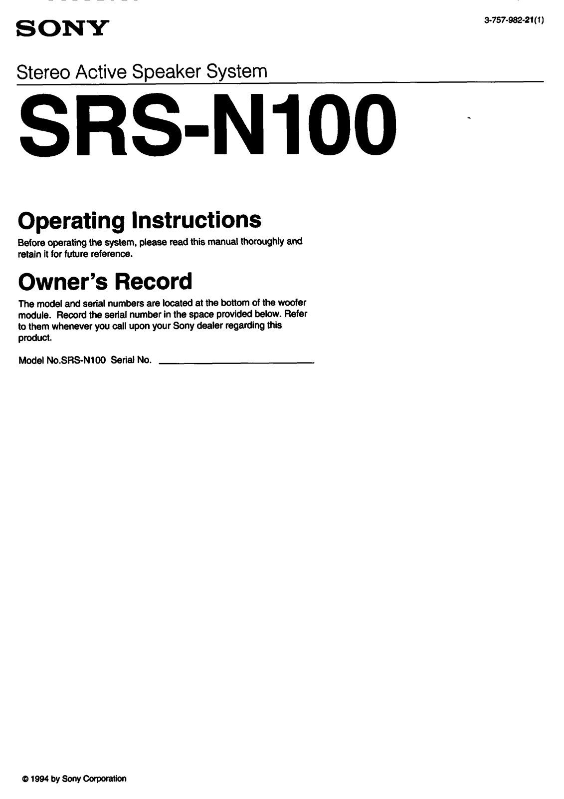 Sony SRSN100 User Manual