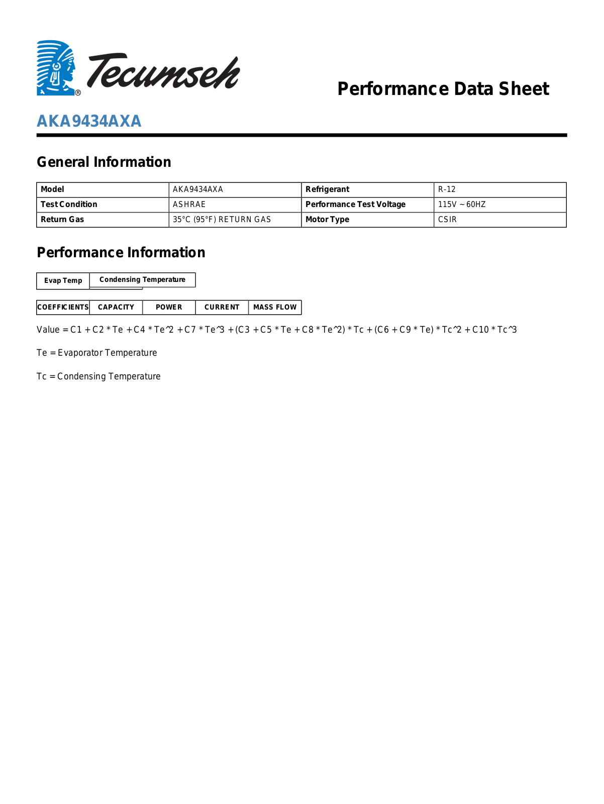 Tecumseh AKA9434AXA Performance Data Sheet