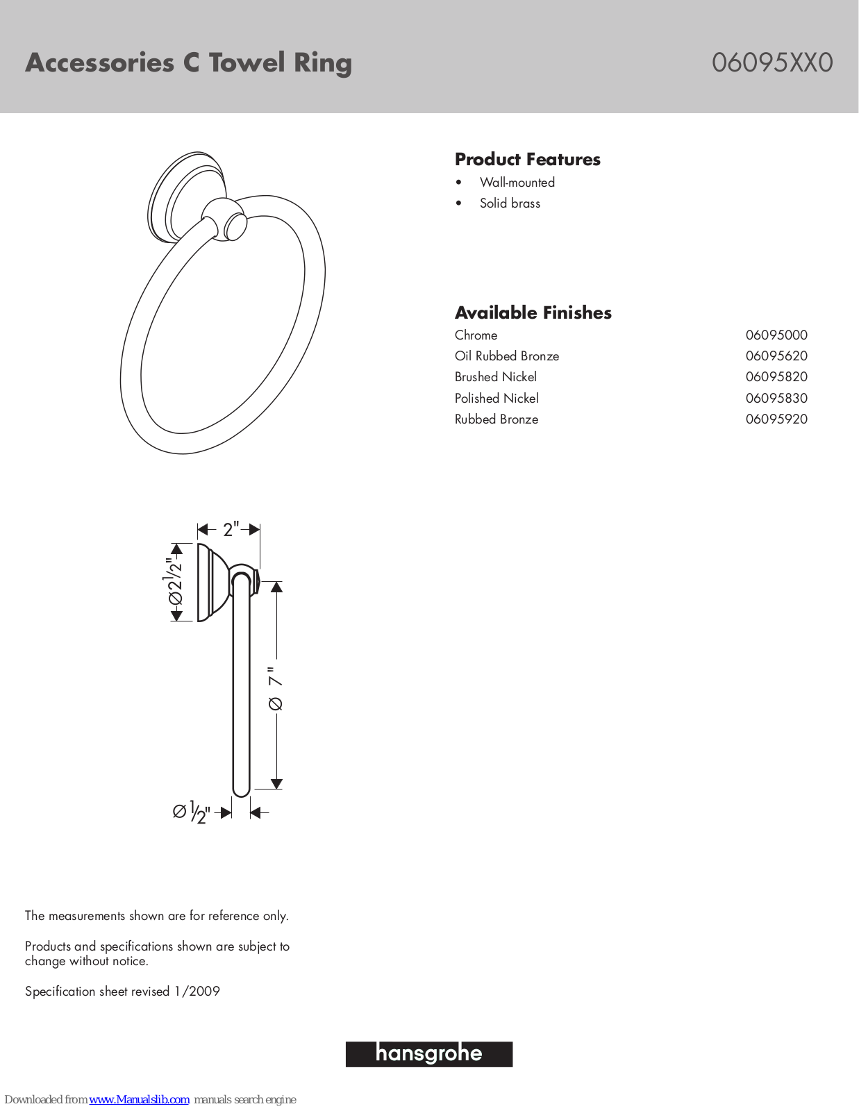 Hans Grohe 06095000, 06095620, 06095820, 06095830, 06095920 Specification Sheet