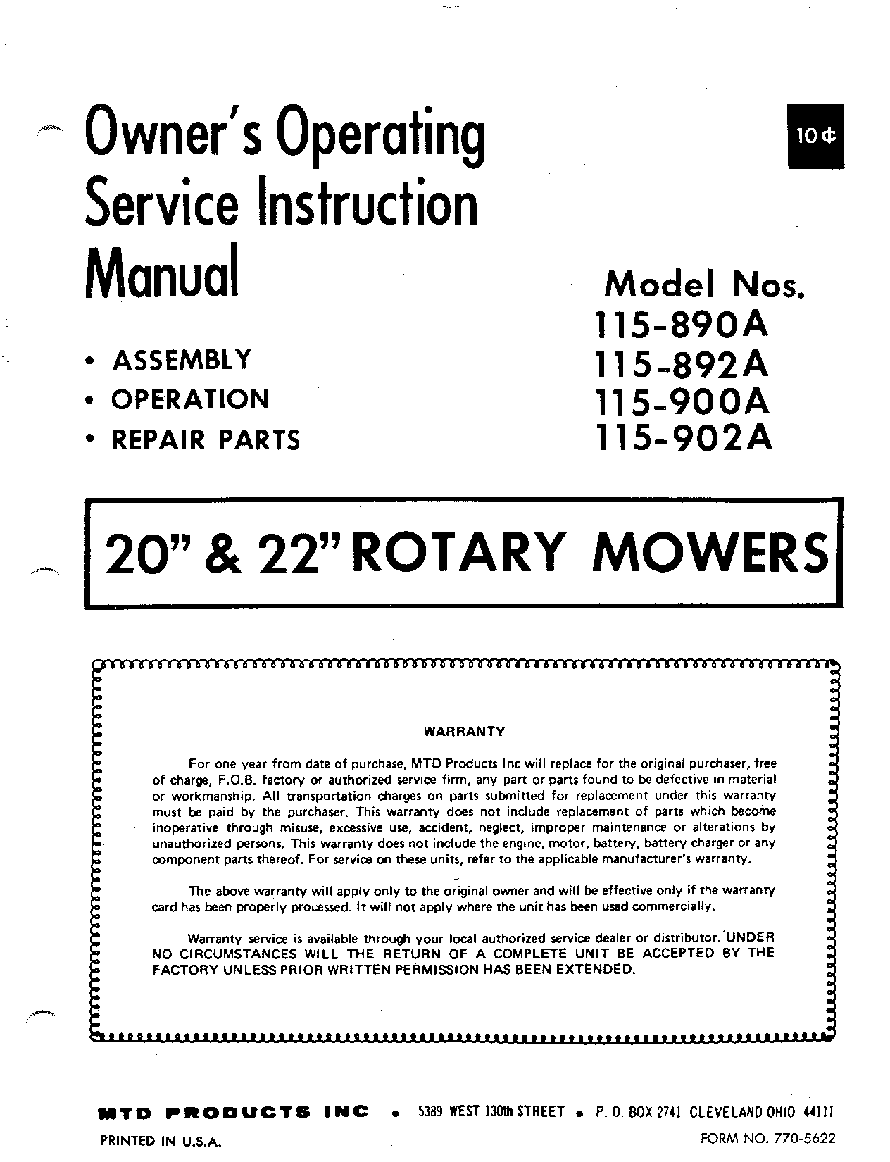 MTD 115-890A, 115-902A, 115-900A, 115-892A User Manual
