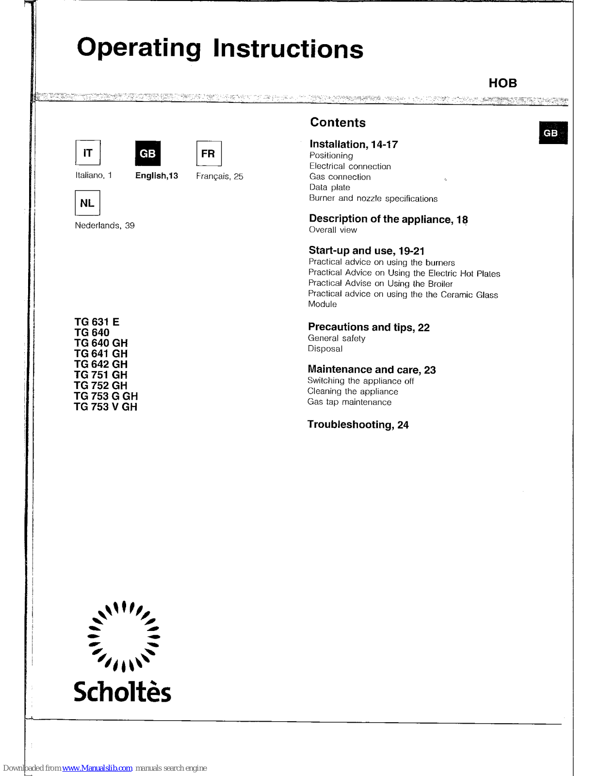 SCHOLTES TG 631 E,TG 640,TG 640 GH,TG 641 GH,TG 642 GH,TG 751 GH,TG 752 GH,TG 753 G GH,TG 753 V GH Operating Instructions Manual