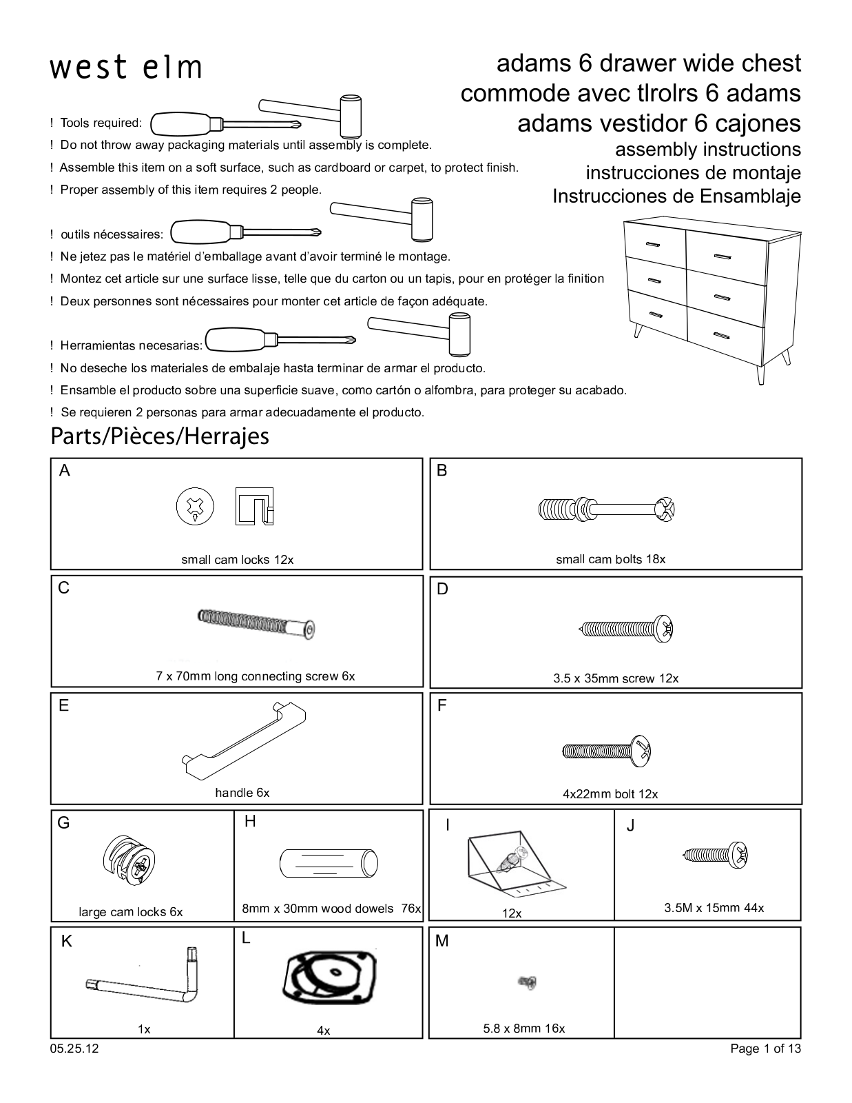 West Elm Adams 6 Drawer Dresser Assembly Instruction