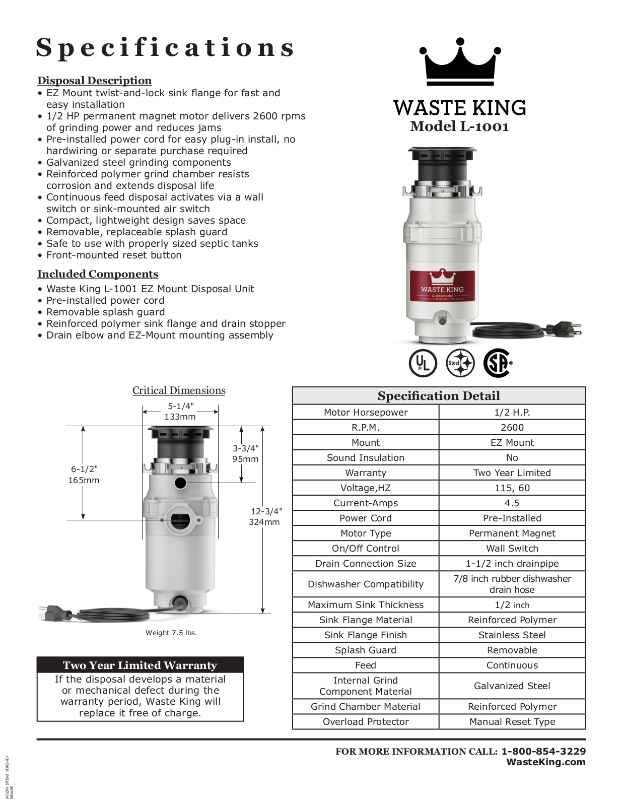 Waste King L1001 Specifications