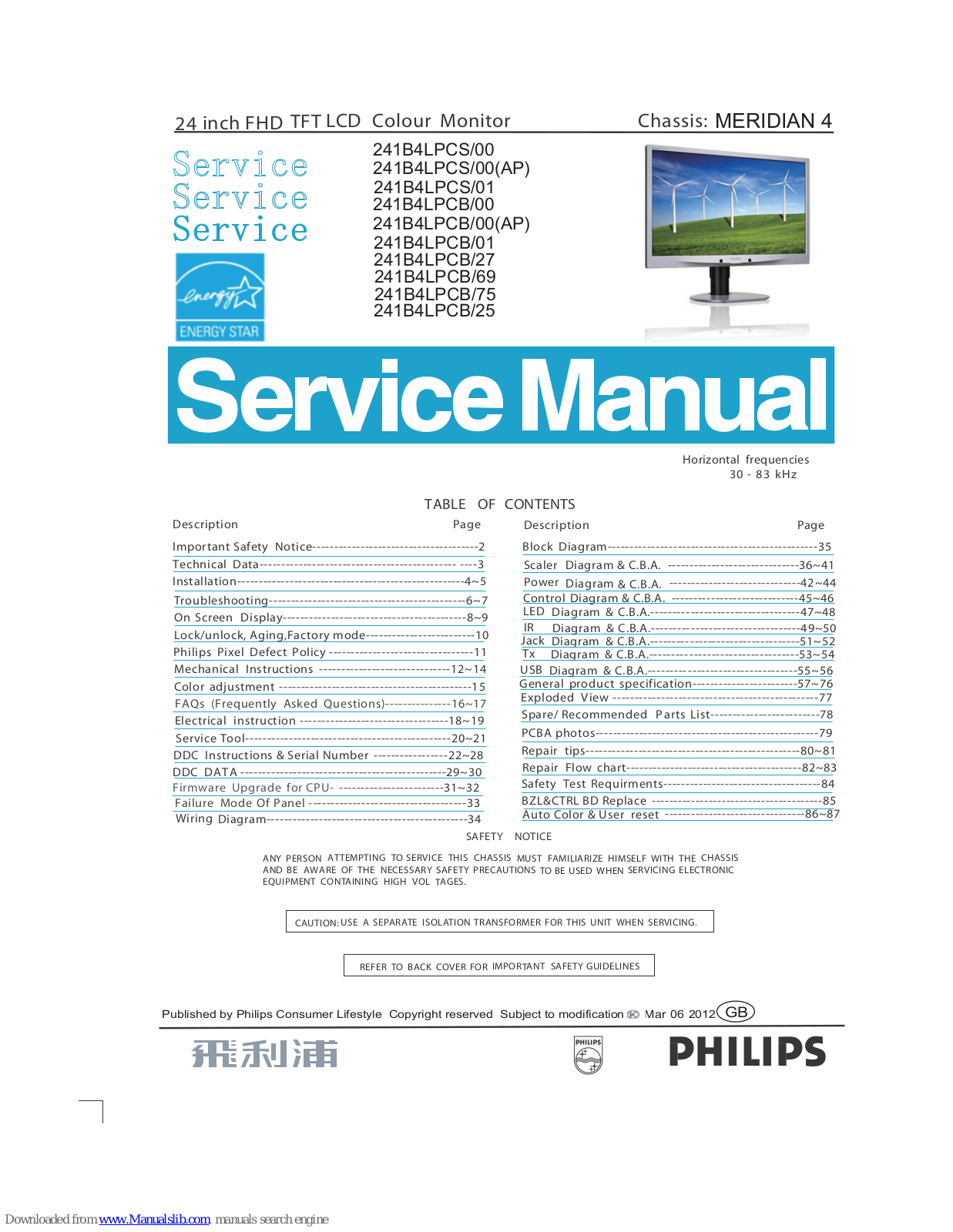 Philips 241B4LPCB/01, 241B4LPCS/00AP, 241B4LPCB/27, 241B4LPCB/69, 241B4LPCB/75 Service Manual