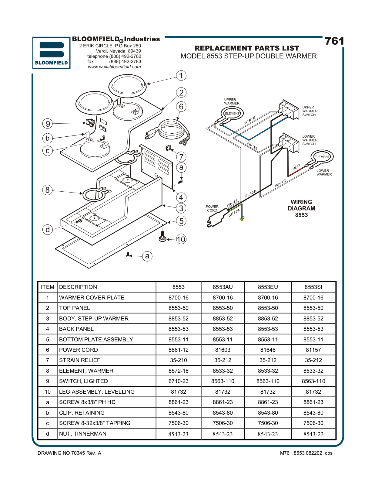 Bloomfield 8553, 8553AU, 8553EU, 8553SI Part Manual - ManualMachine.com