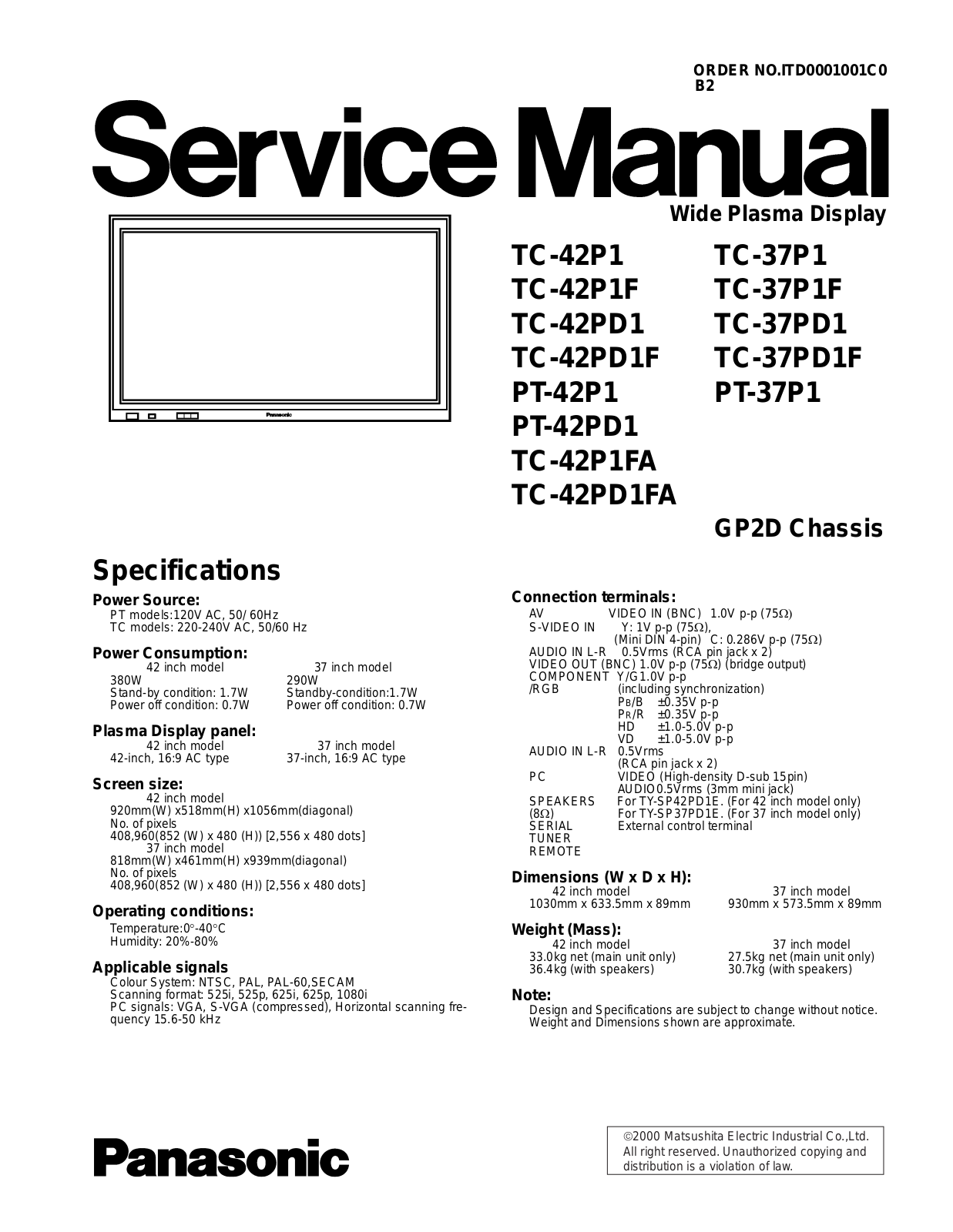 panasonic TC-42P1, TC-37P1, TC-42P1F, TC-37P1F, TC-42PD1 Service Manual
