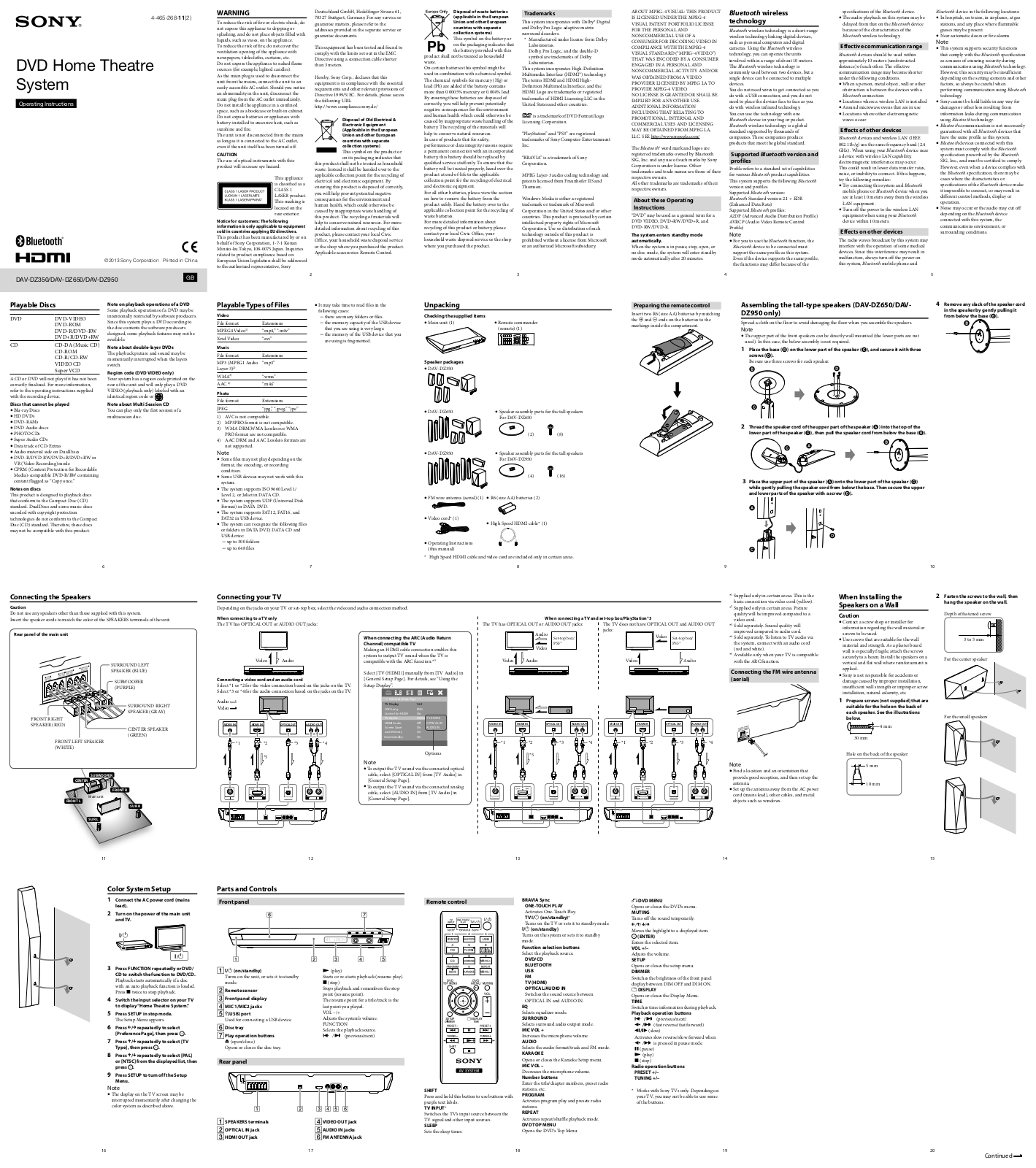 Sony DAV-DZ350, DAV-DZ650, DAV-DZ950 Operating Instructions Manual