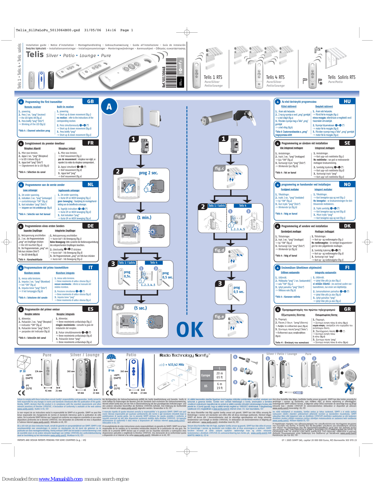 SOMFY Telis 4 Lounge, Telis 4 Patio, TELIS SOLIRIS, Telis 1 Patio, Telis Soliris Patio User Manual