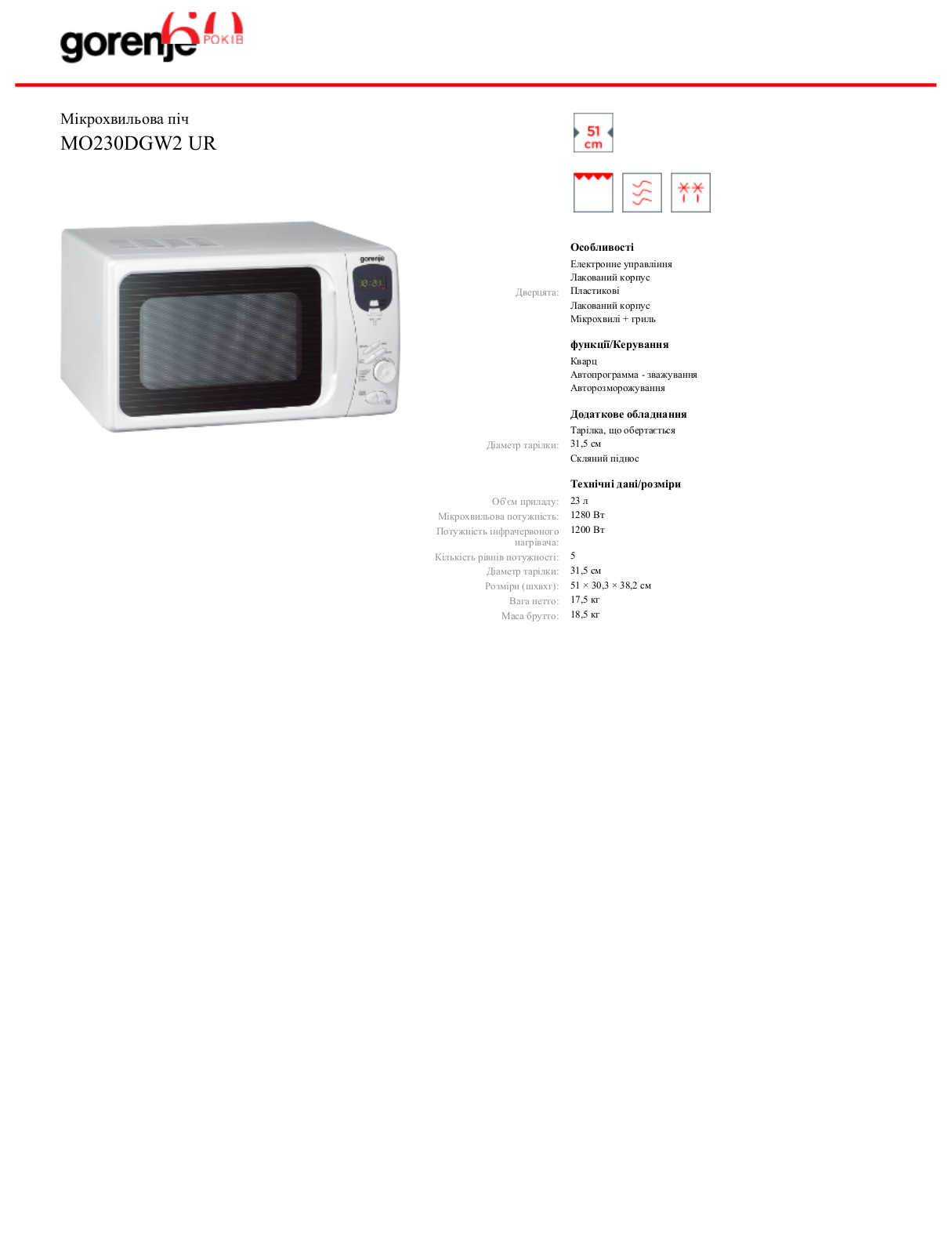 Gorenje MO230DGW2 UR DATASHEET