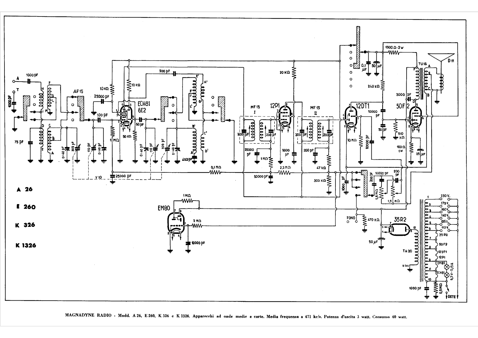 Magnadyne a26, e260, k326, k1326 schematic