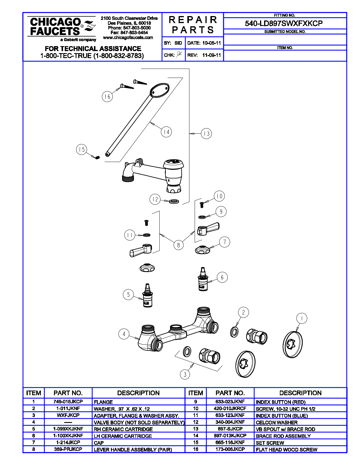 Chicago Faucet 540-LD897SWXFXKCP Parts List