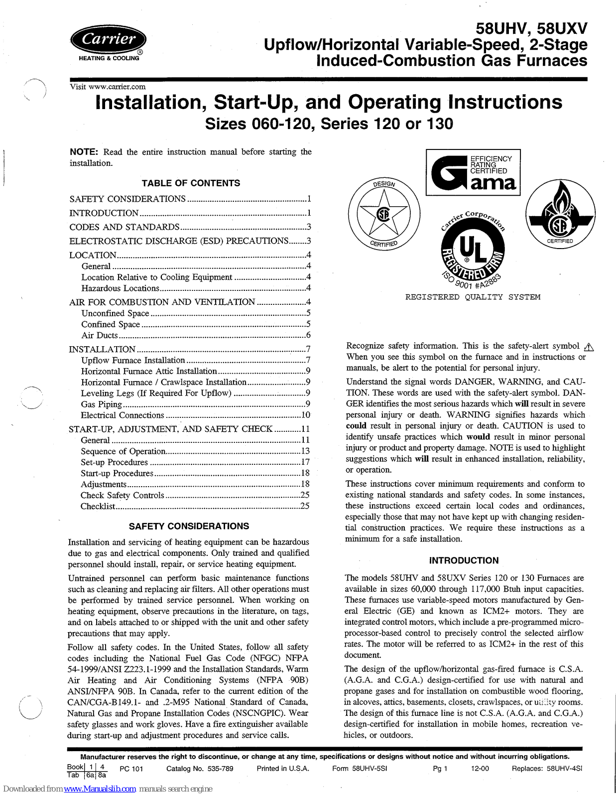 Carrier 58UHV, 58UXV Installation, Start-up, And Operating Instructions Manual - ManualMachine.com