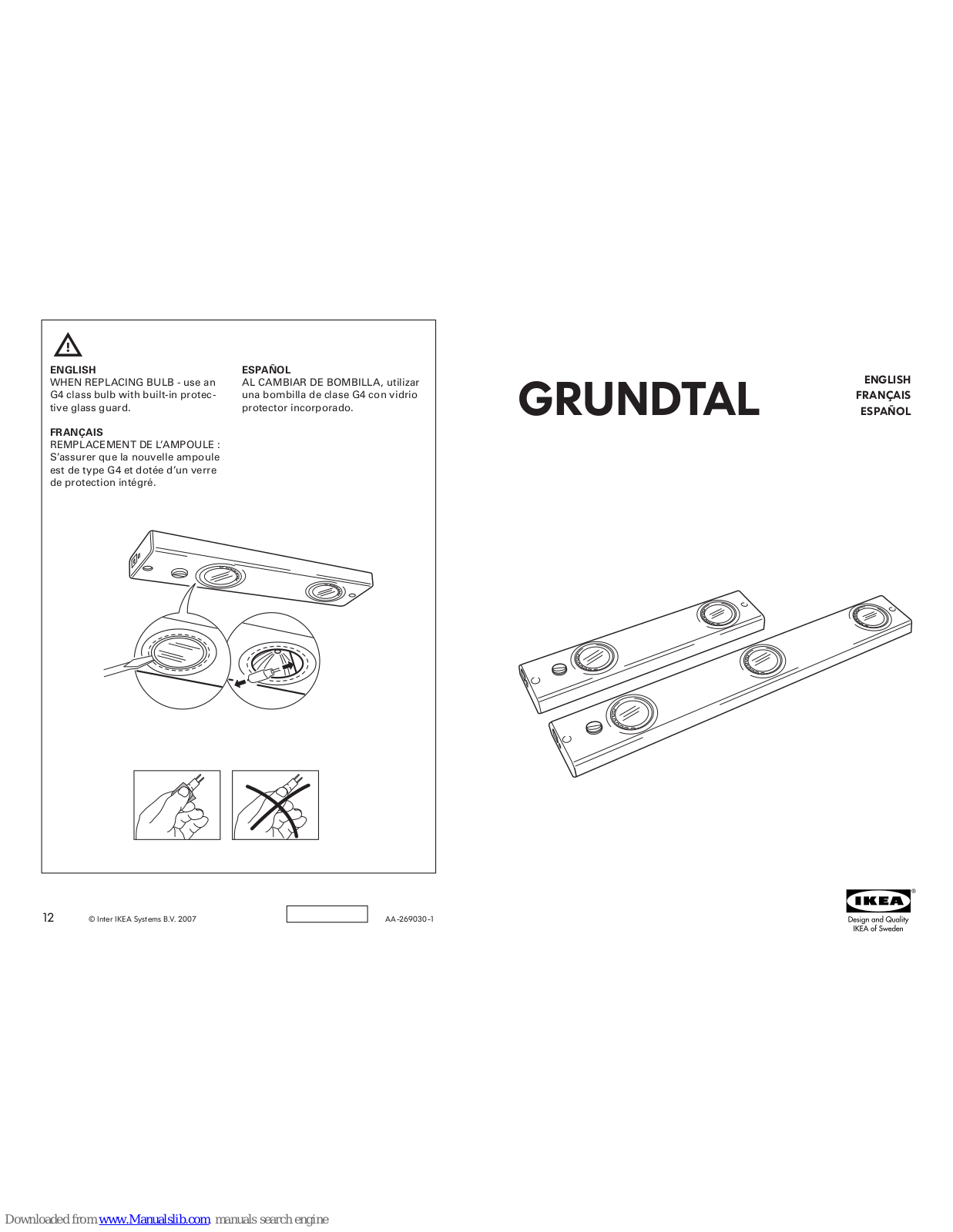 IKEA GRUNDTAL COUNTERTOP LIGHT, HALOGEN 3X10W, GRUNDTAL Instructions Manual