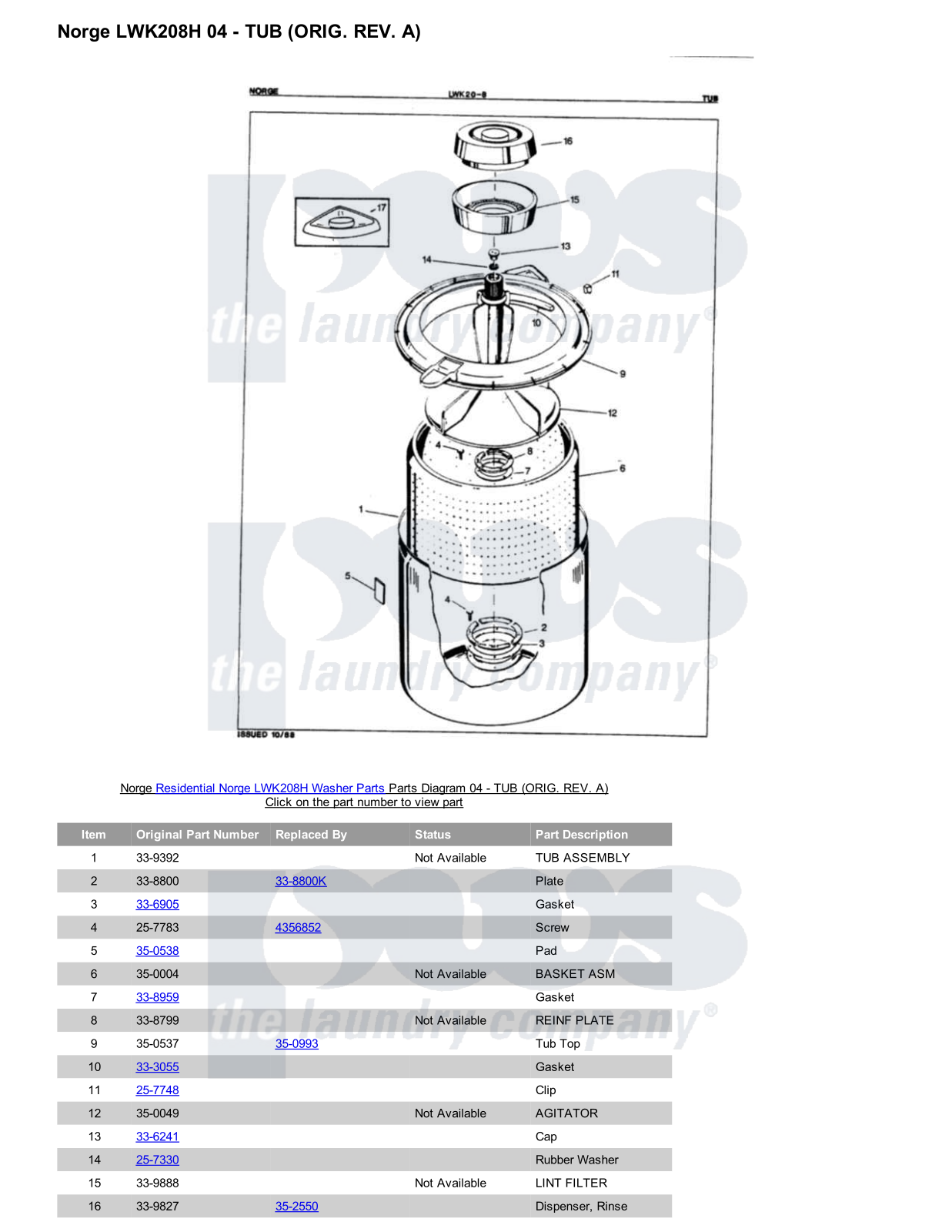 Norge LWK208H Parts Diagram