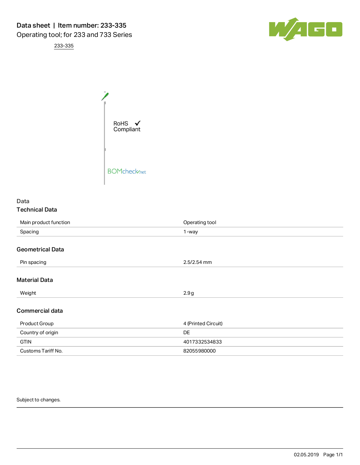 Wago 233-335 Data Sheet