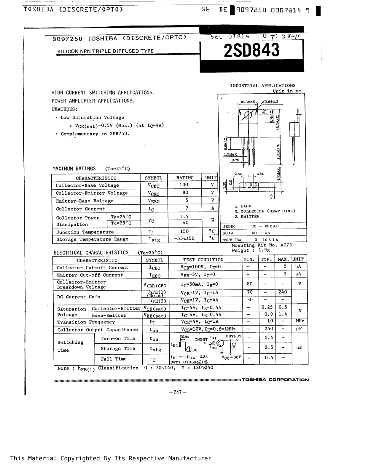 Datasheet 2SD843 Specification - ManualMachine.com