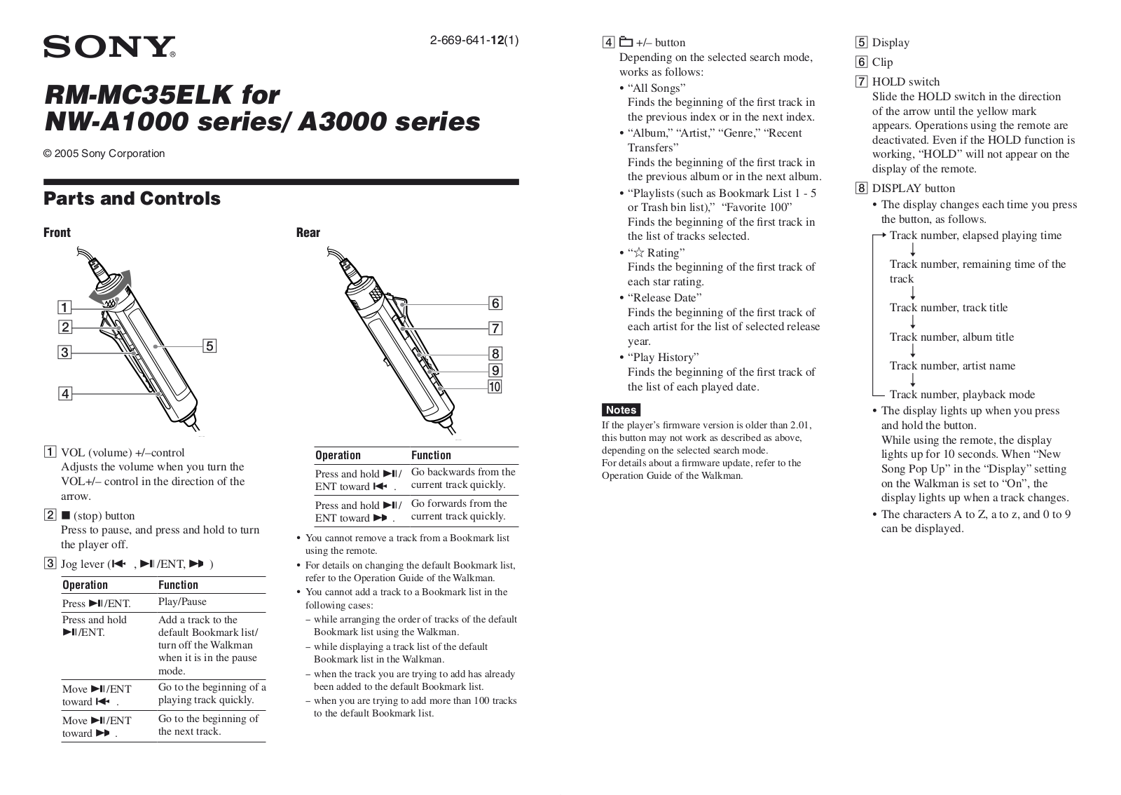 Sony NW-A1000,NW-A3000,RM-MC35ELK Instruction Manual