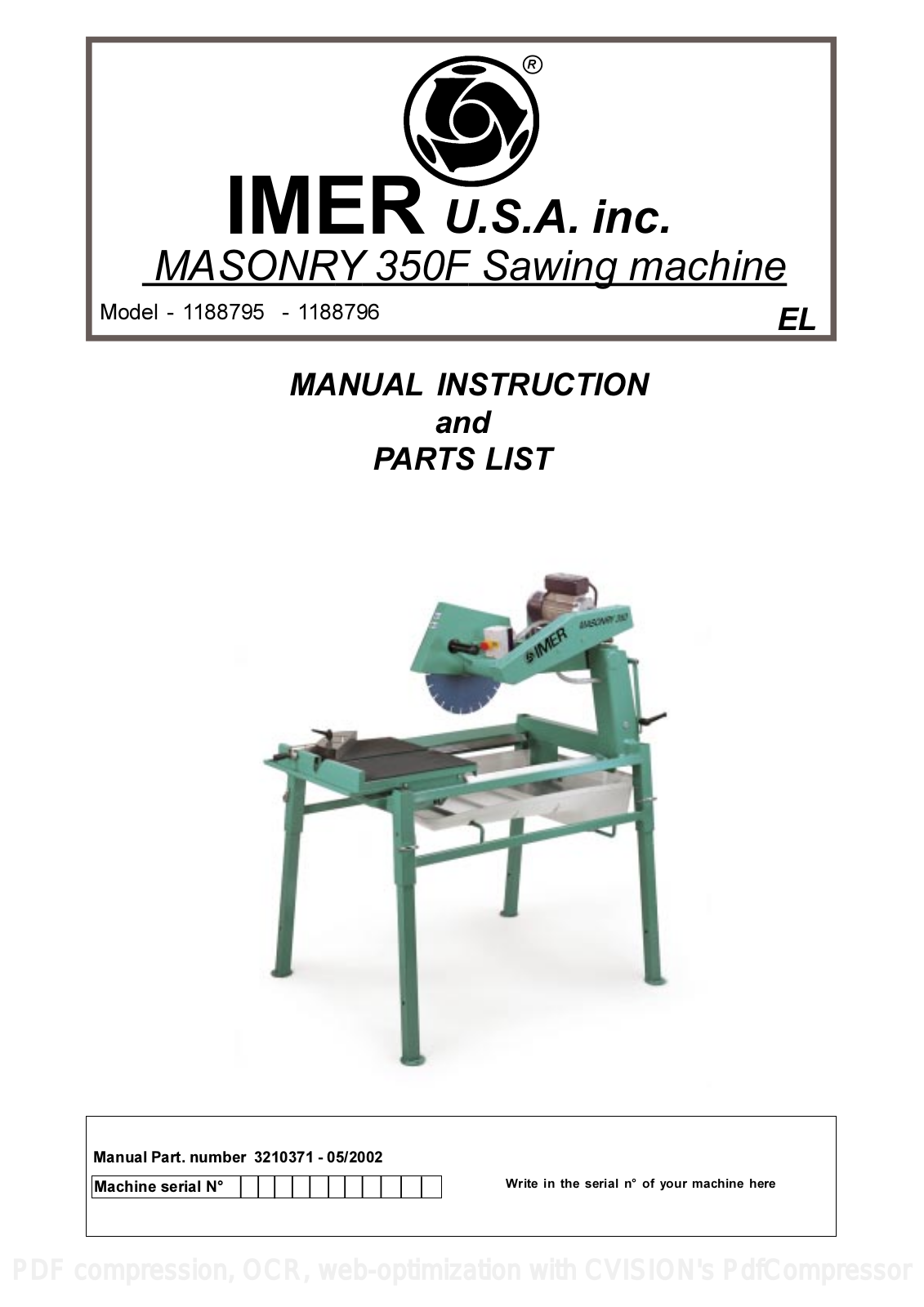 IMER USA MASONRY 350F, 1188796, 1188795 Manual Instruction And Parts List