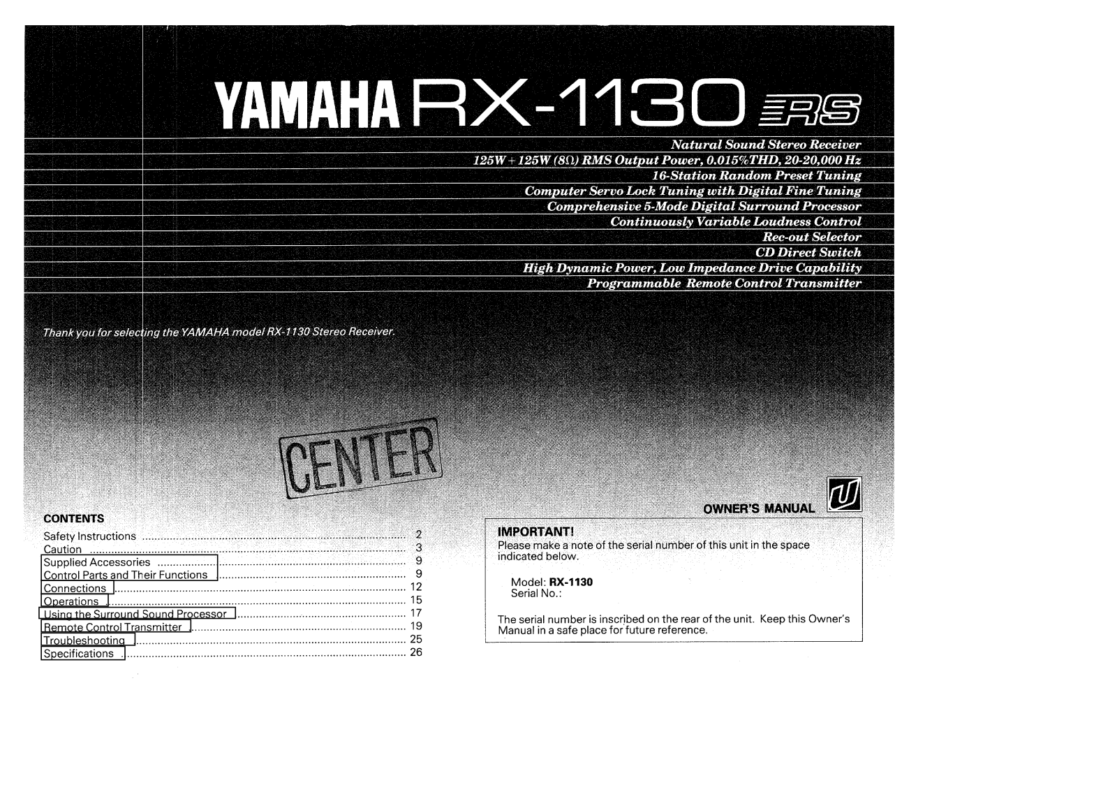 Yamaha RX-1130 User Manual