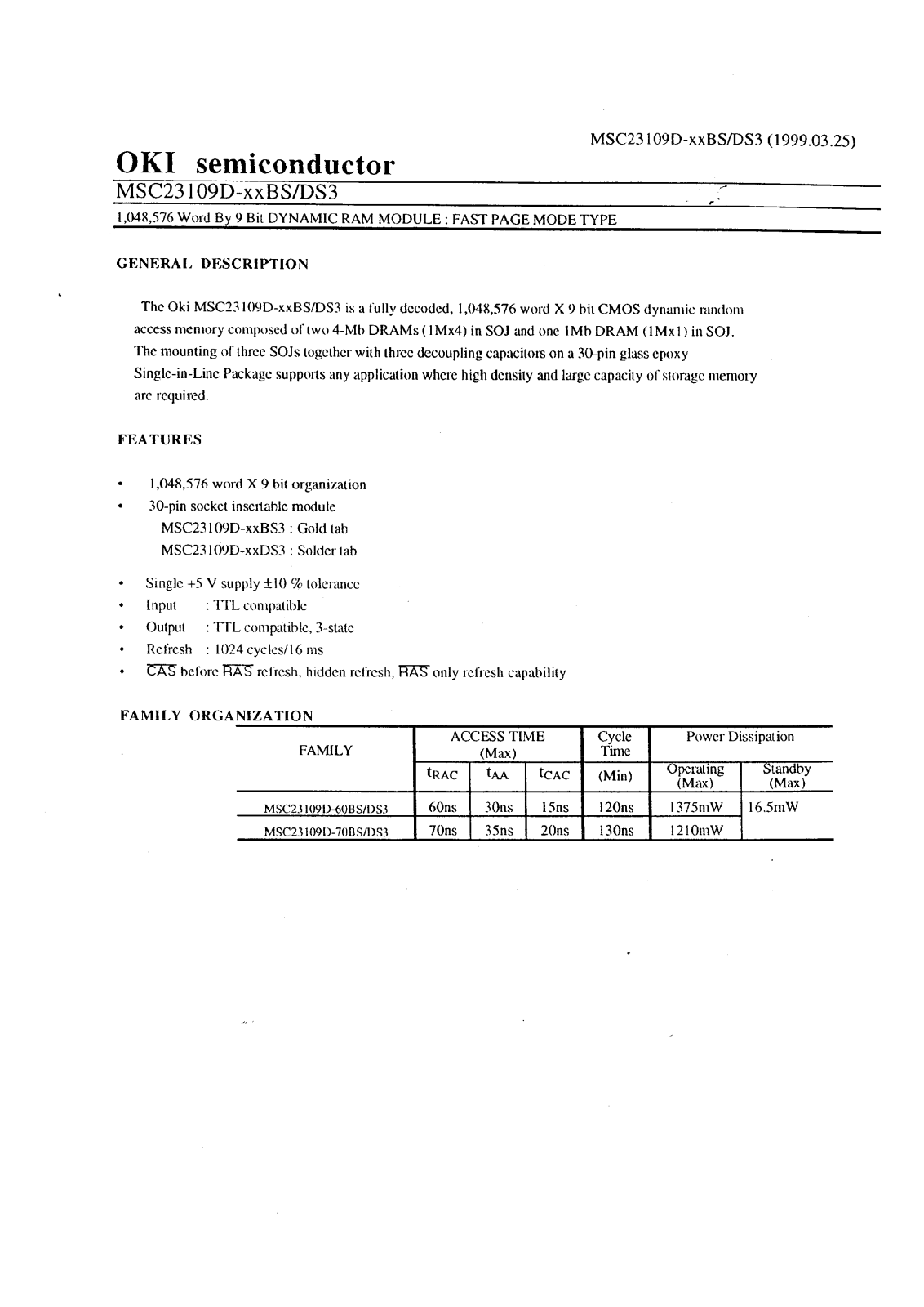 OKI MSC23109D-60BS3, MSC23109D-60DS3, MSC23109D-70BS3, MSC23109D-70DS3 Datasheet