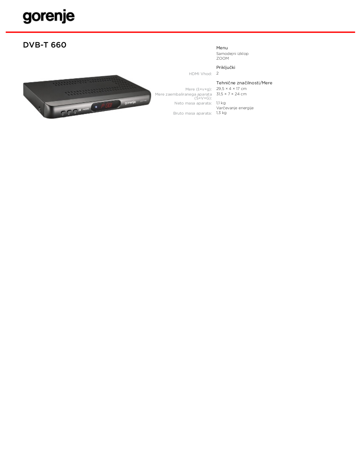 Gorenje DVB-T 660 DATASHEET