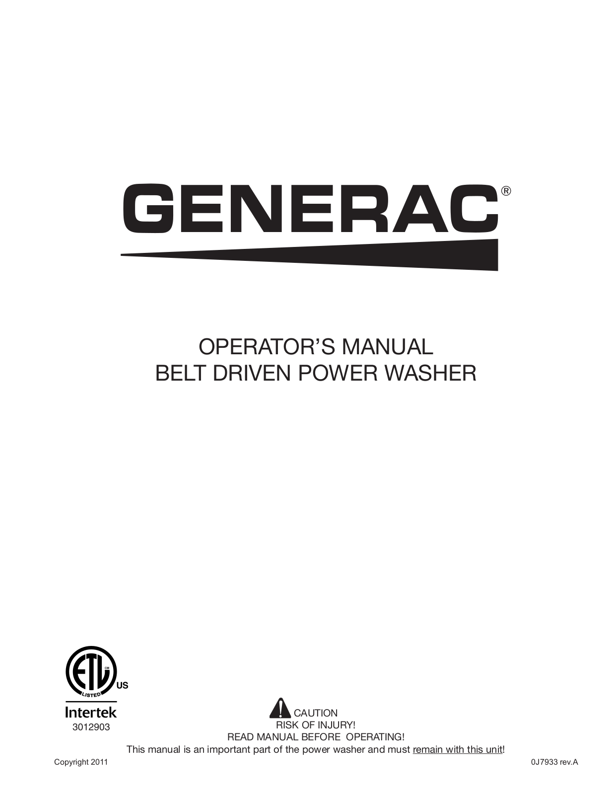 Generac Power Systems BELT DRIVEN POWER WASHER Opeartor's Manual