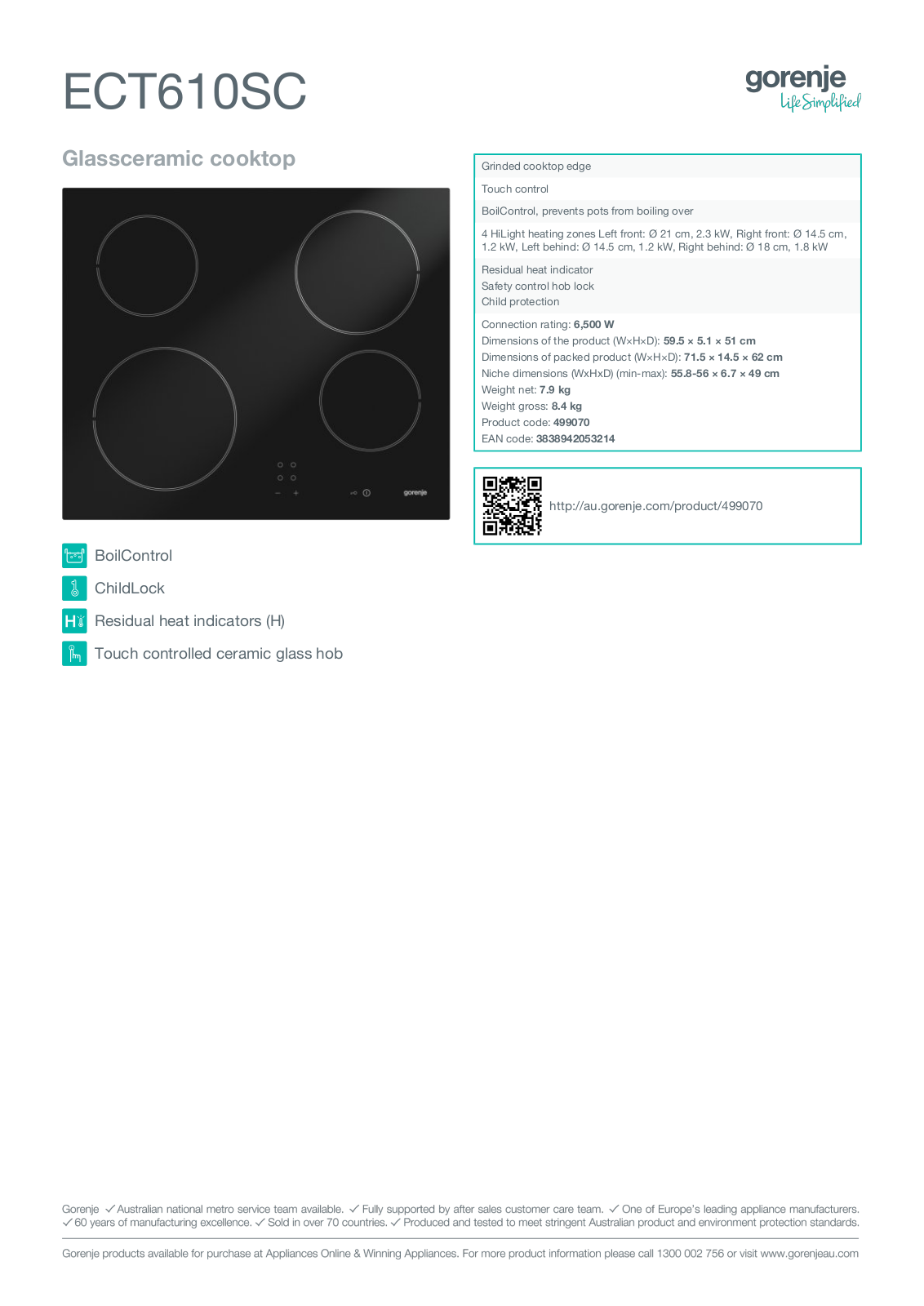 Gorenje BO637E13XGECT610SCPK, BO75SY2-BECT610SCPK, BO75SY2-WECT610SCPK Specifications Sheet