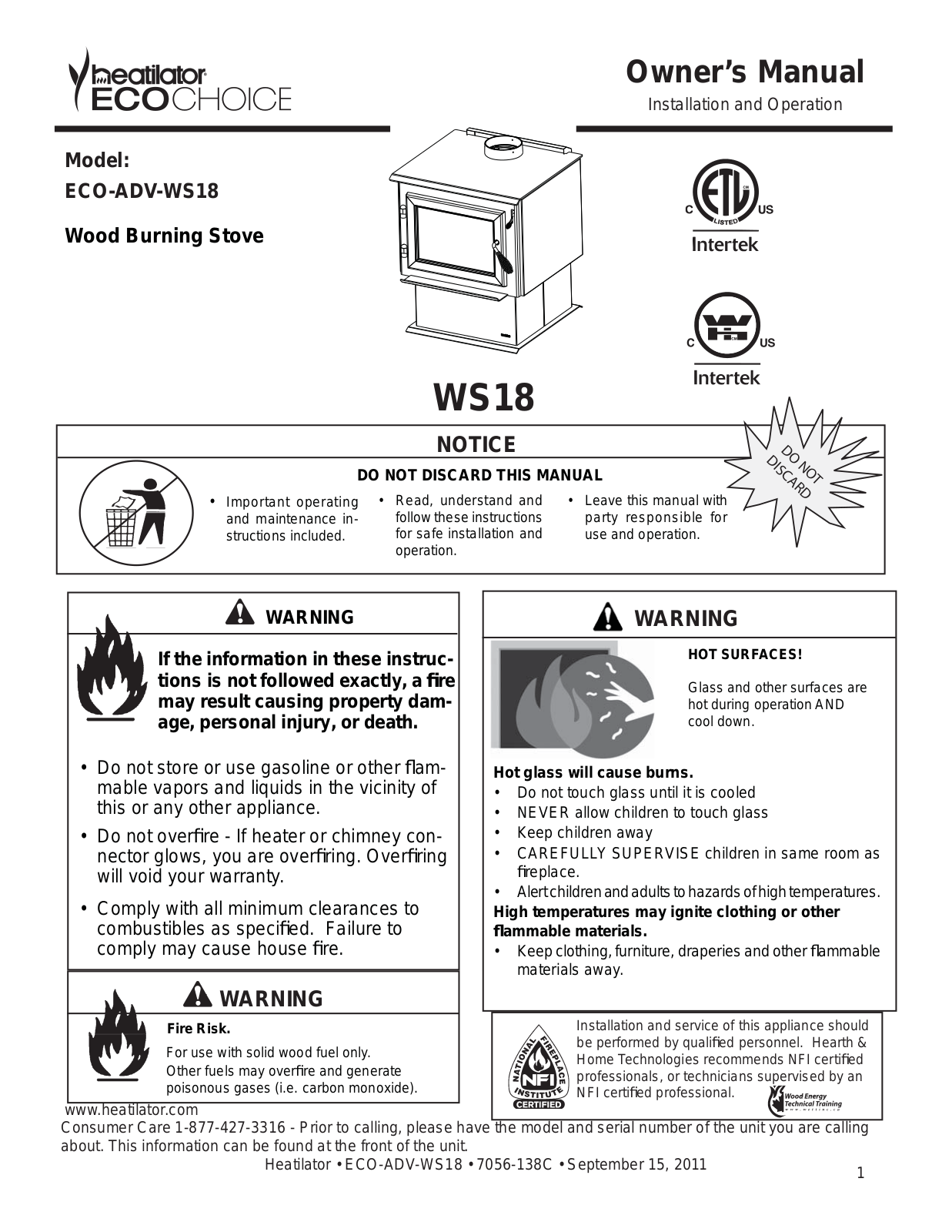 Heatilator ECO-ADV-WS18 Owner's Manual