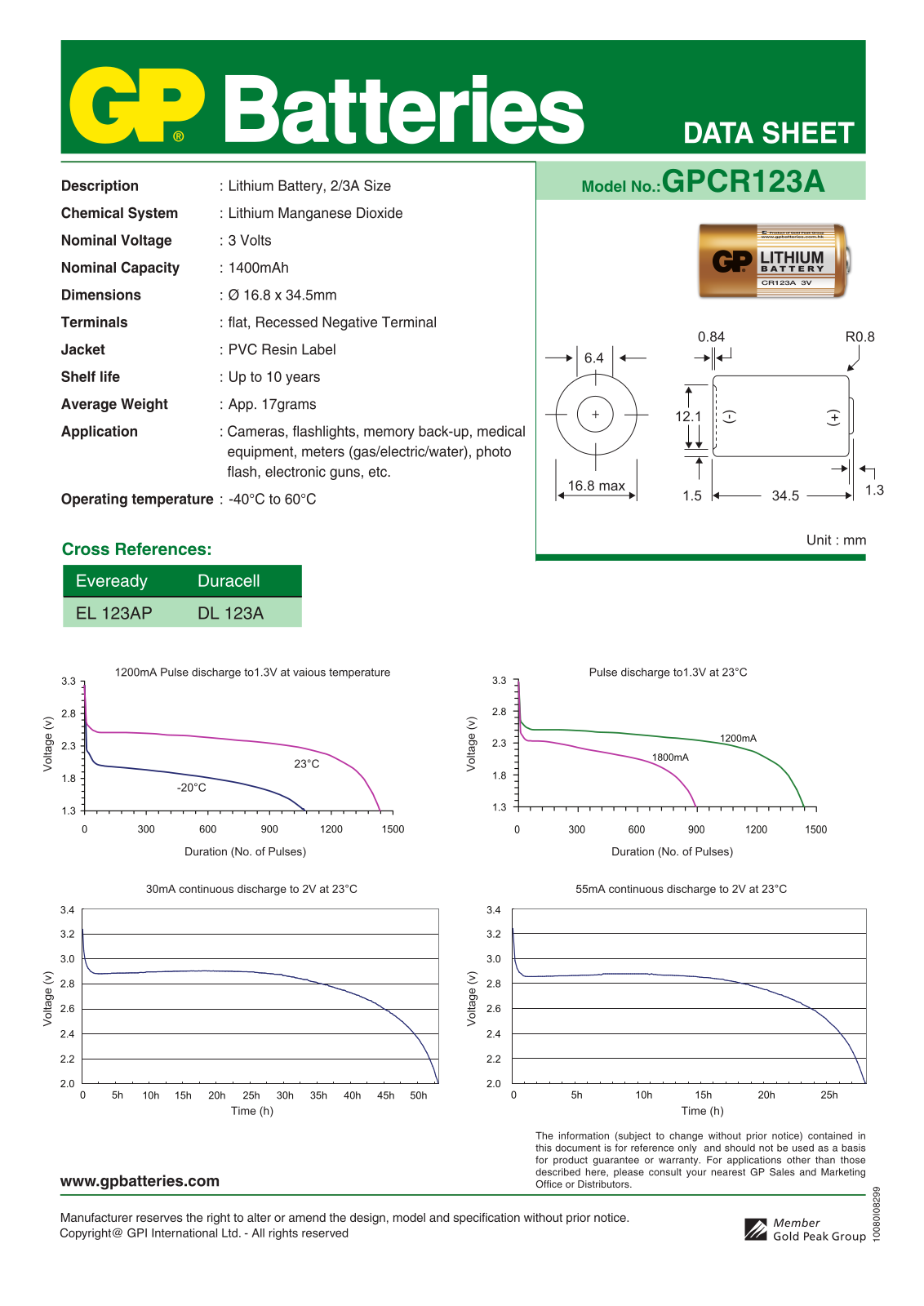 Gp batteries GPCR-123A DATASHEET