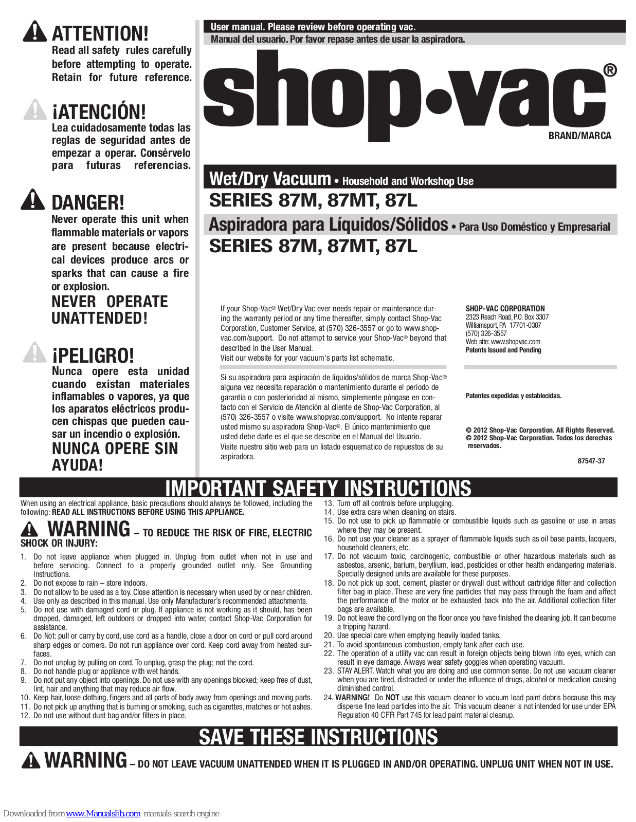 Shop-Vac 87M Series, 87L Series, 87MT Series User Manual