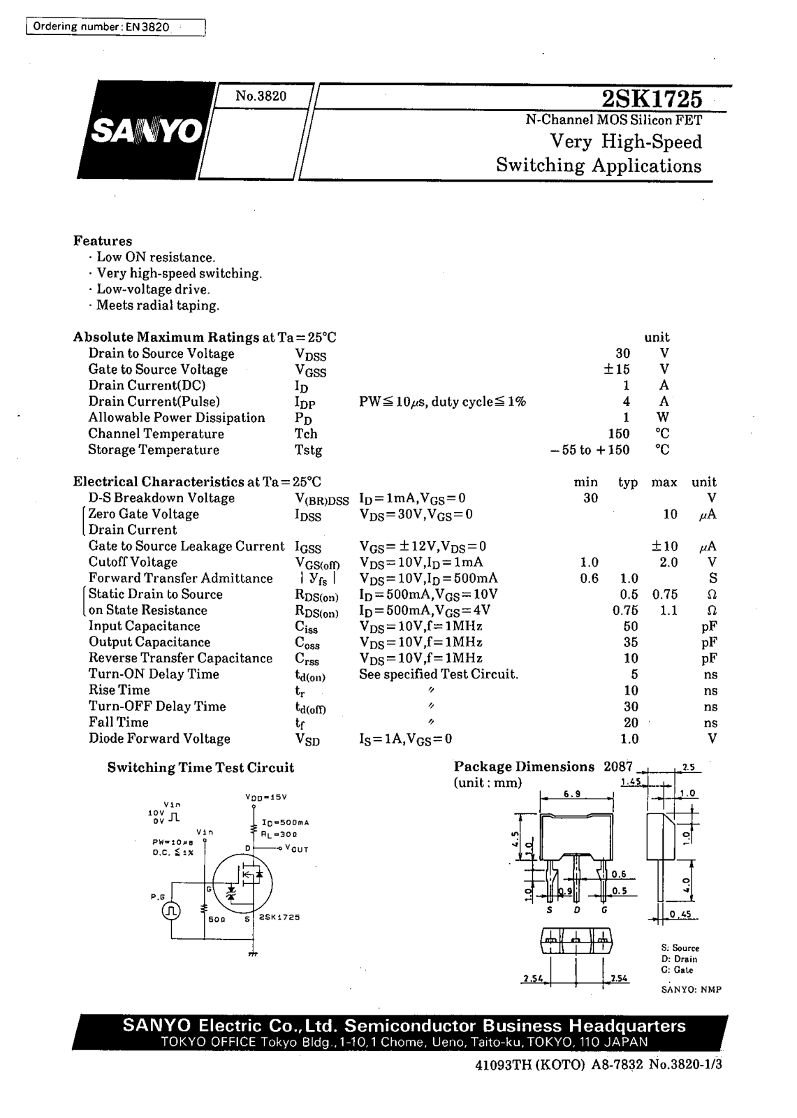Datasheet 2SK1725 Datasheet (SANYO) - ManualMachine.com