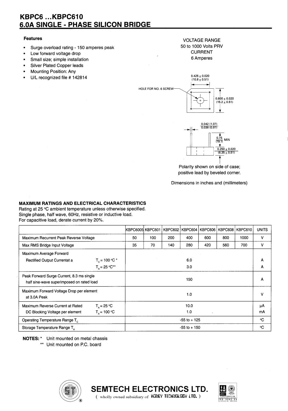 SEMTECH ELECTRONICS KBPC608, KBPC606, KBPC6005, KBPC610, KBPC604 Datasheet